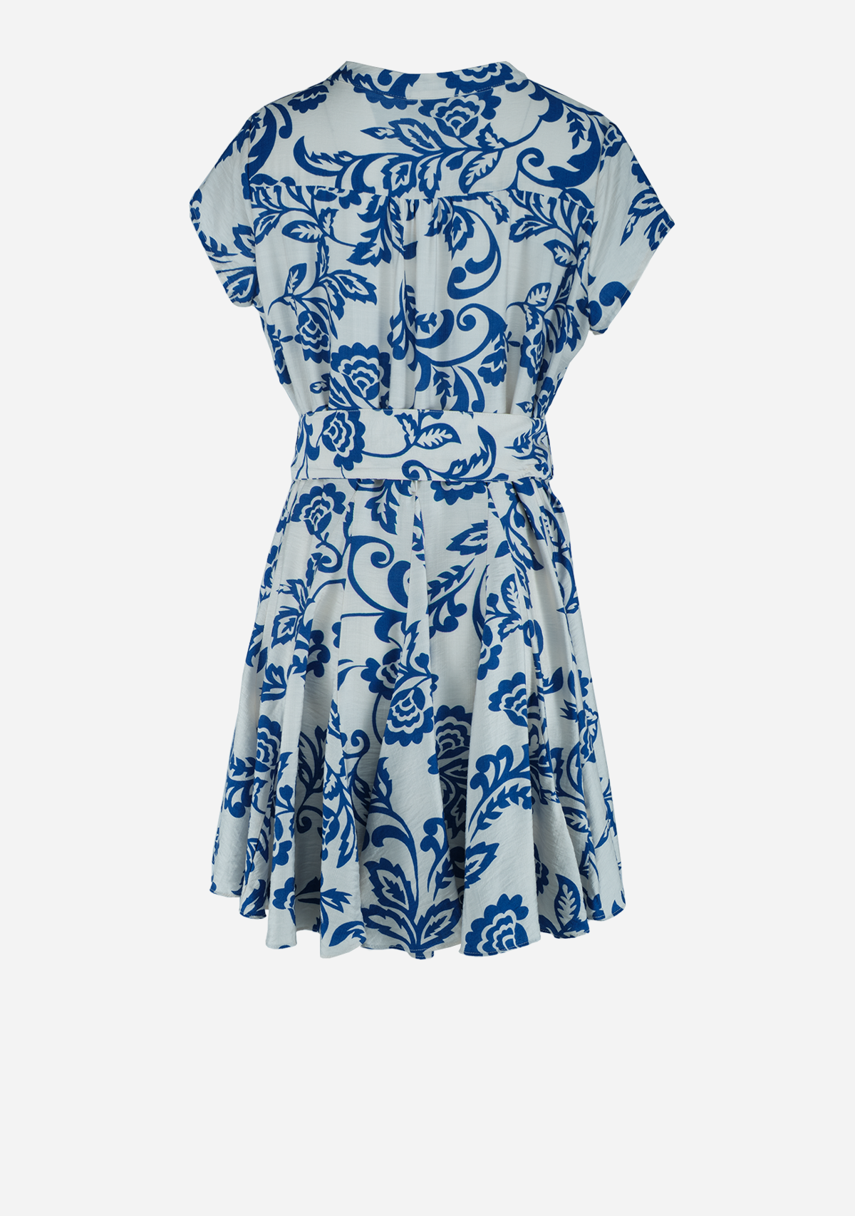 Short Sleeve Button Down Belted Mini Dress Ivory/Blue