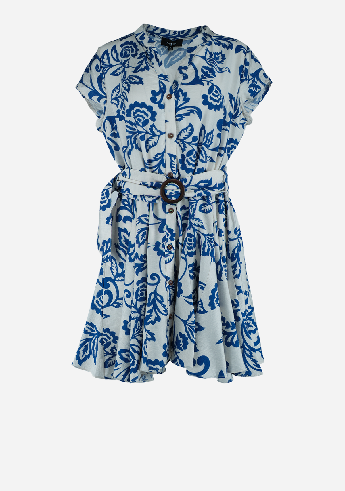 Short Sleeve Button Down Belted Mini Dress Ivory/Blue