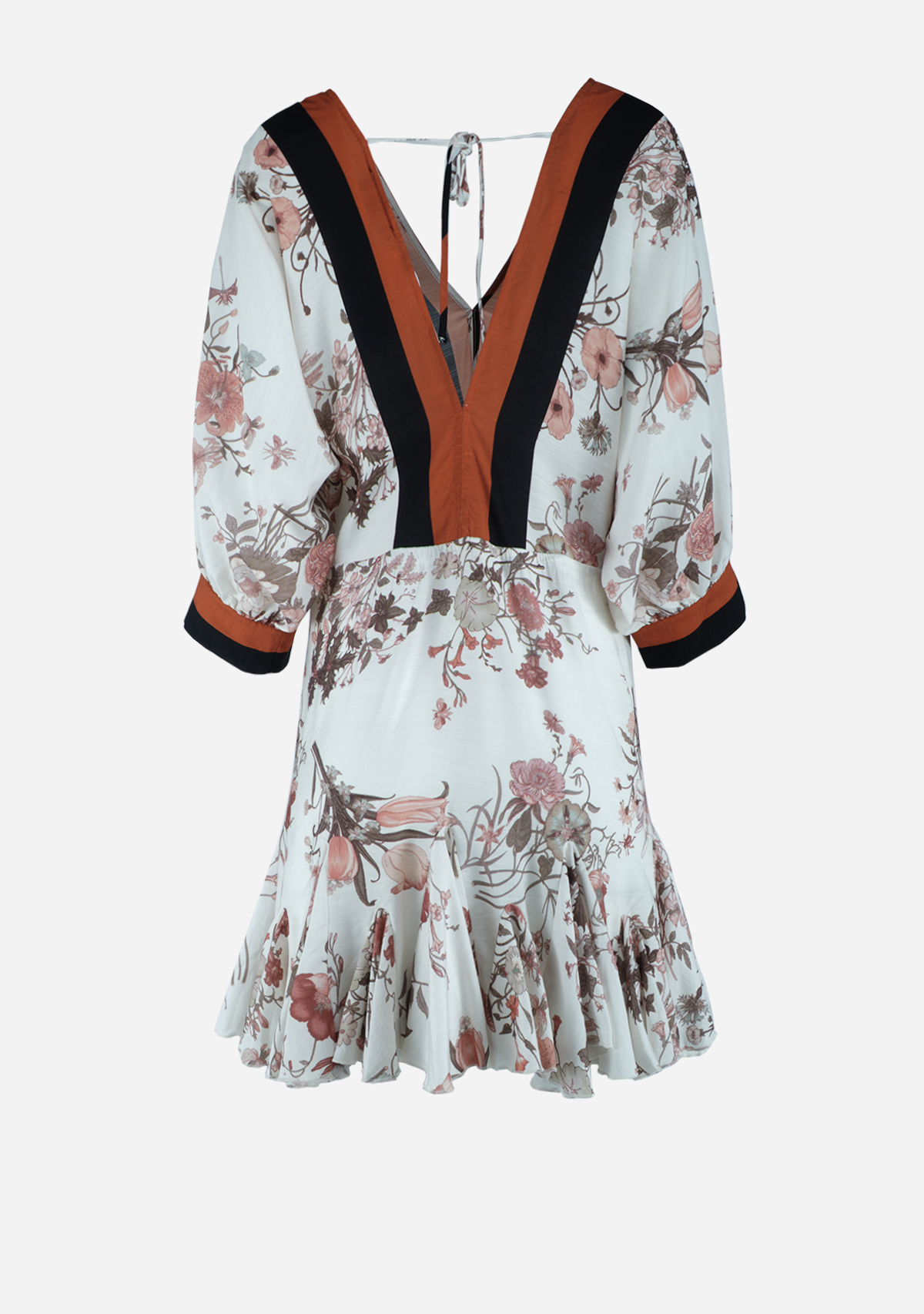 3/4Dolman Sleeve Tie Front Waisted Border Printed Mini Dress Ivory/Rust