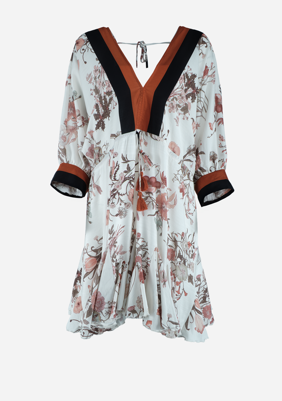 3/4Dolman Sleeve Tie Front Waisted Border Printed Mini Dress Ivory/Rust