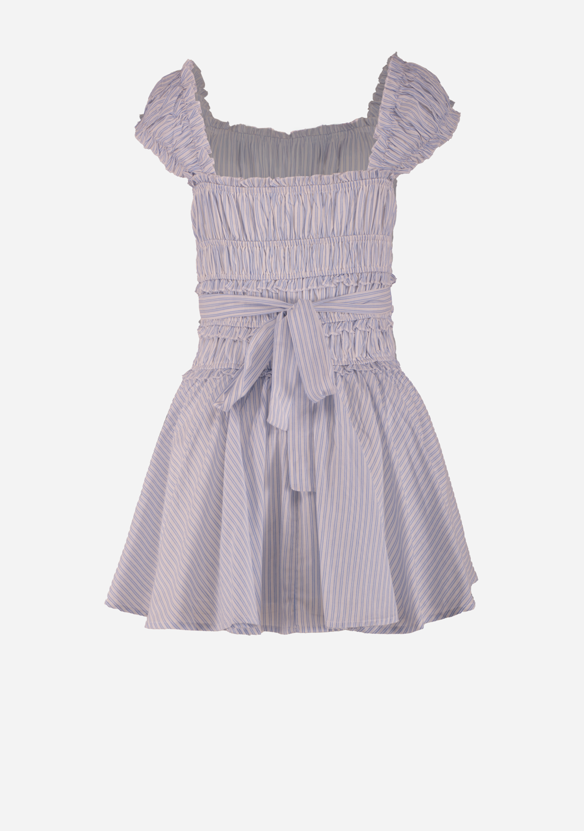 Pin Stripe Off Shoulder Gathered Bodice Mini Dress Lt Blue