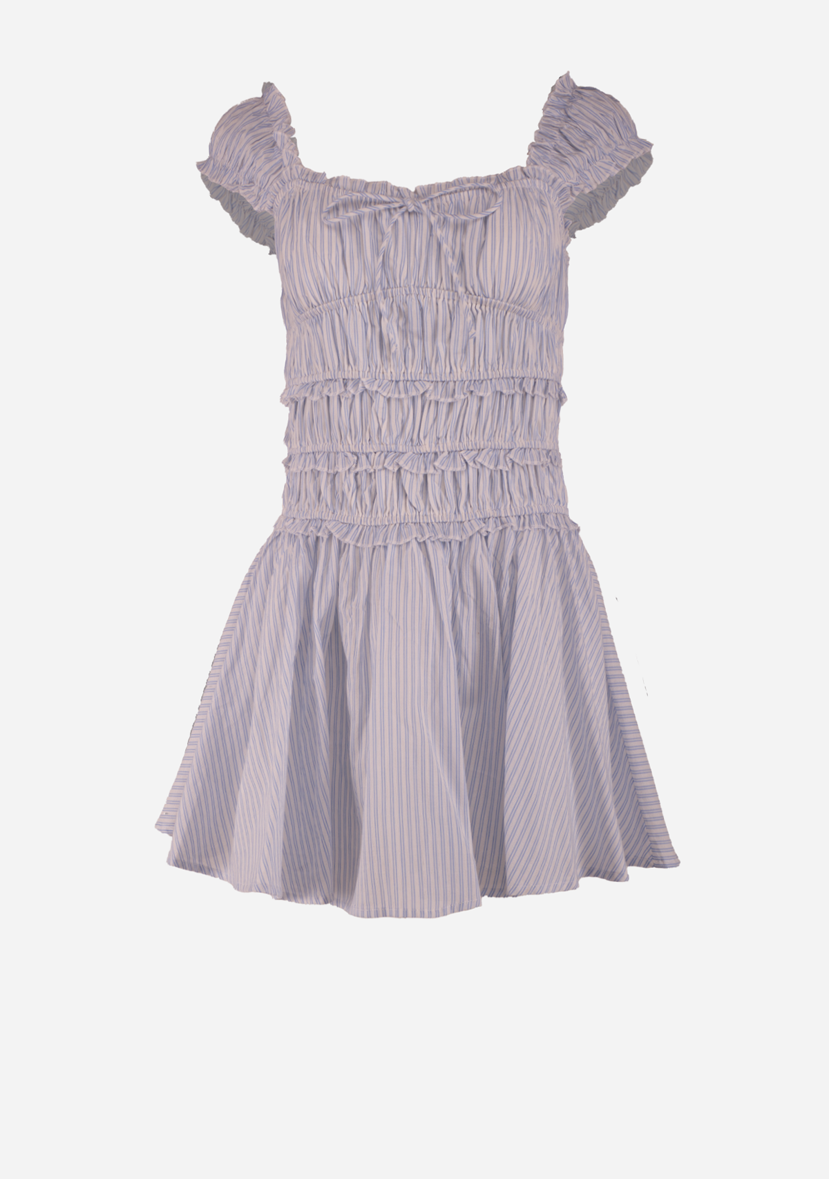 Pin Stripe Off Shoulder Gathered Bodice Mini Dress Lt Blue