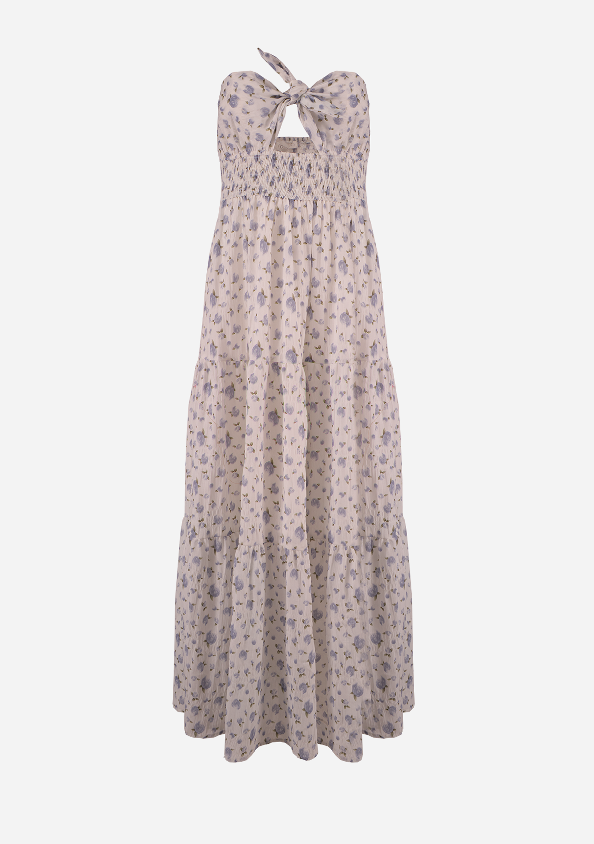 Crinkle Textured Floral Front Tied Tube Maxi Dress Ivory/Blue