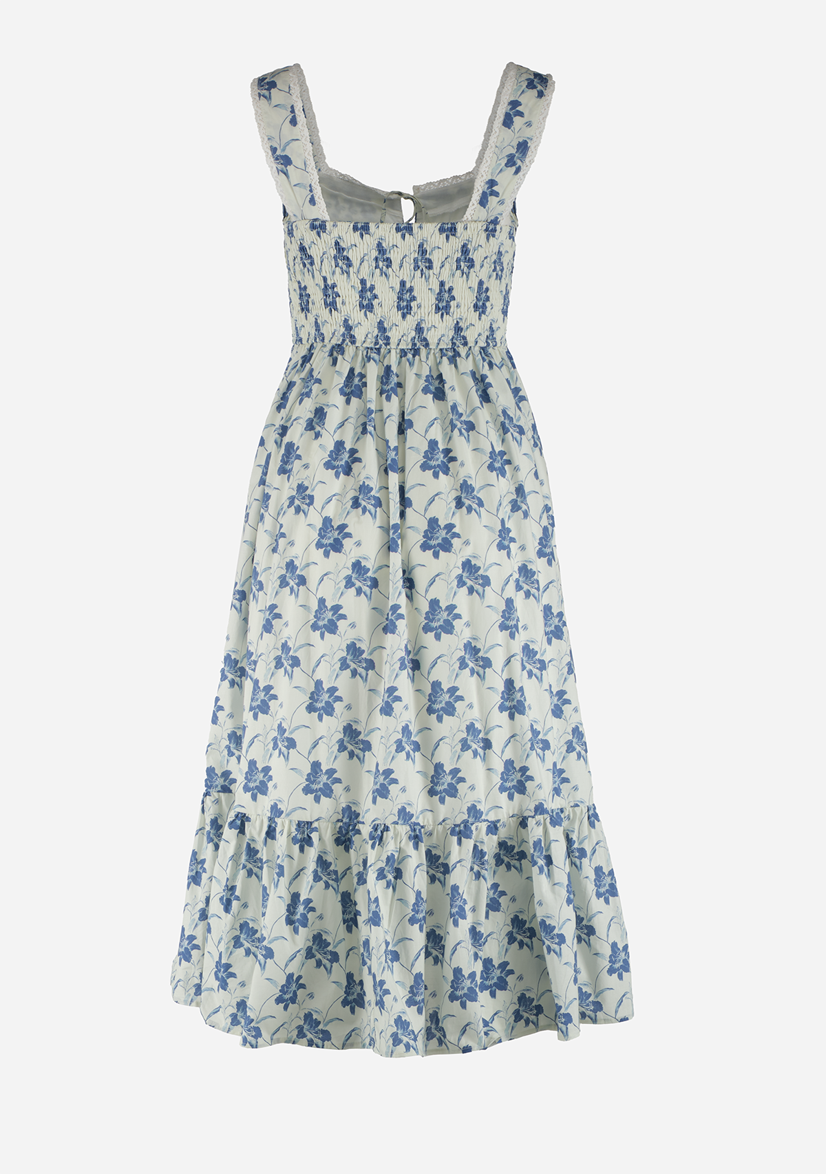 Cotton Lace Trim Tie Front Midi Dress Blue Floral