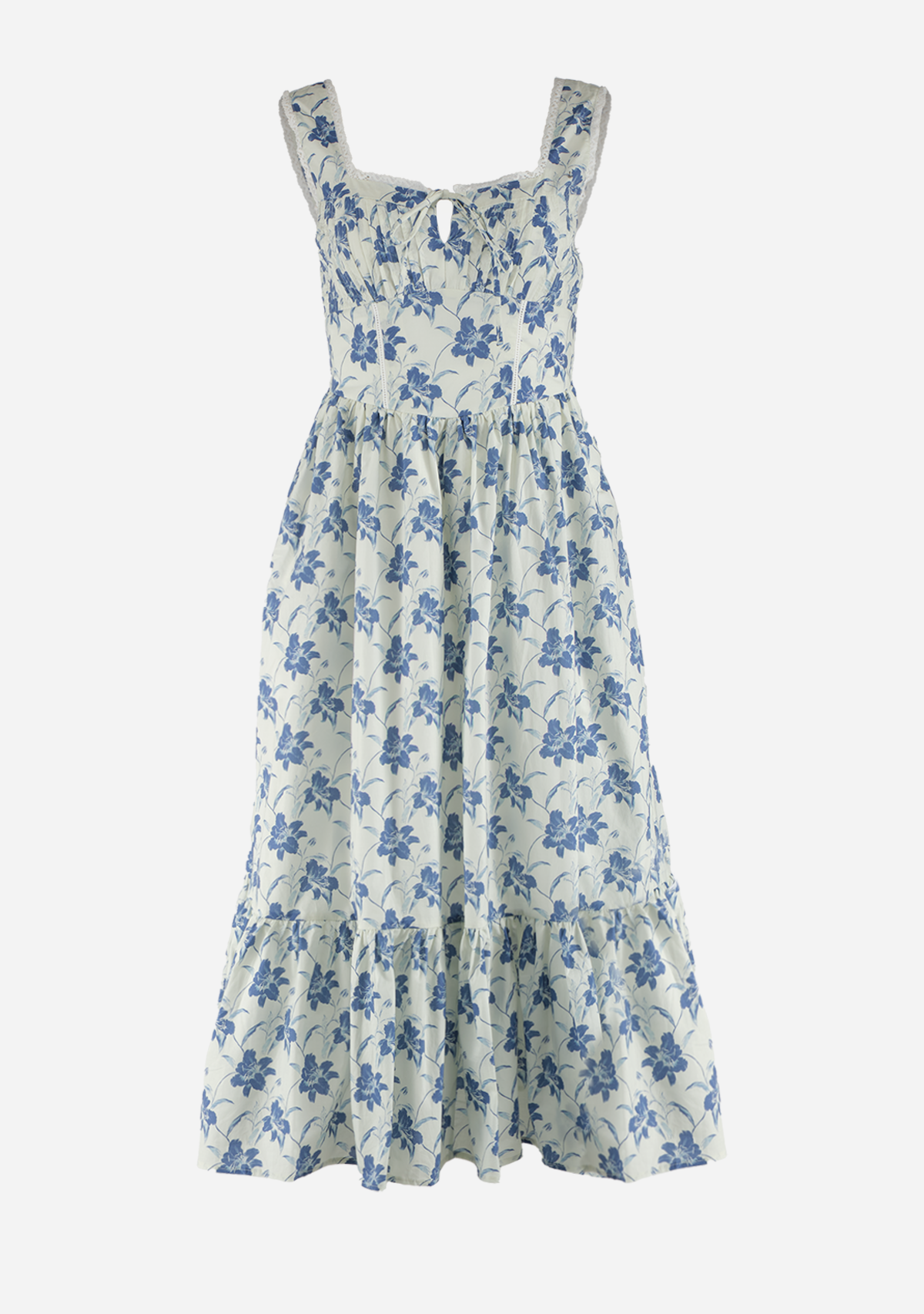 Cotton Lace Trim Tie Front Midi Dress Blue Floral