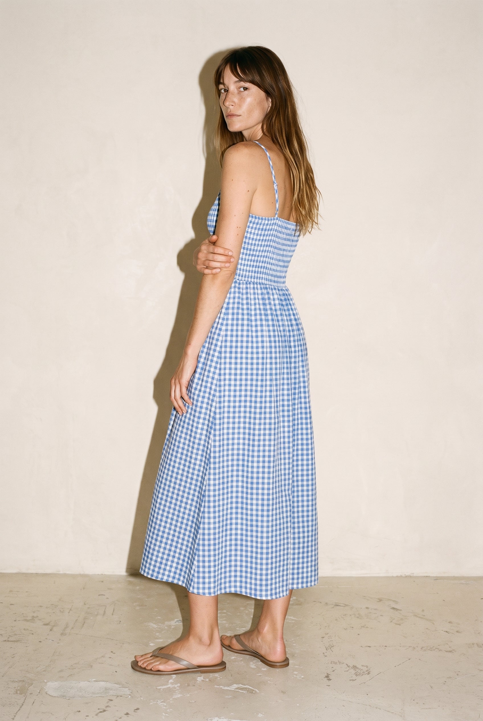 Gingham Print Long Dress Blue