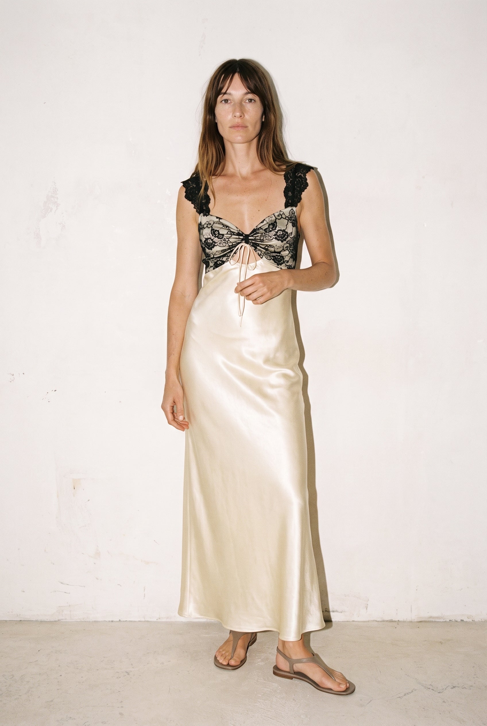 Lace Trim Front Cutout Maxi Dress Lemon