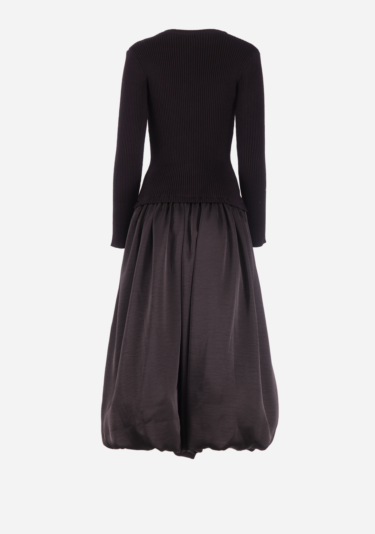 Ribbed Sweater Combination Balloon Skirt Midi Dress Black