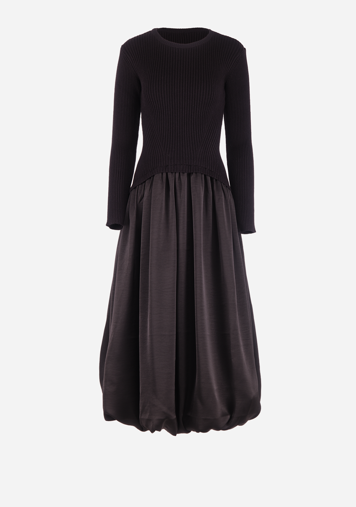 Ribbed Sweater Combination Balloon Skirt Midi Dress Black