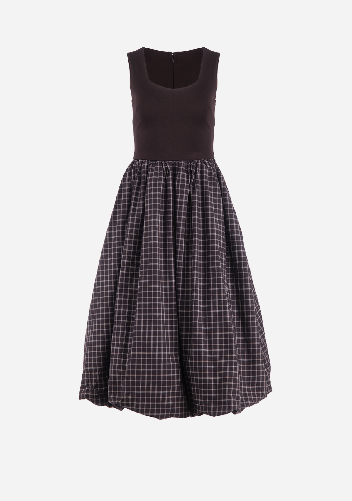 Sleeveless Plaid Bubble Midi Dress Black