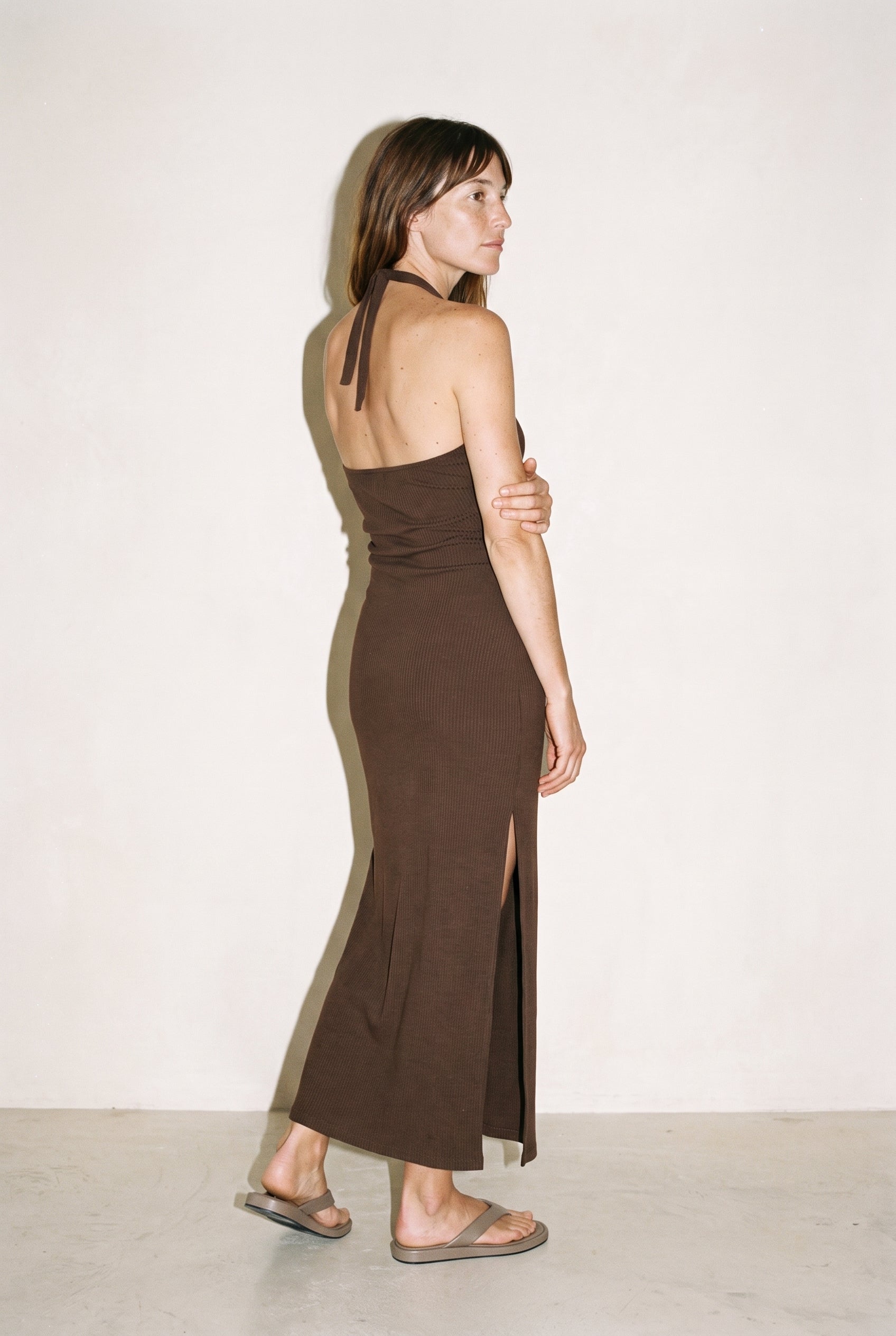 Helios Glow Gold Trim Halter Dress Hazel Brown