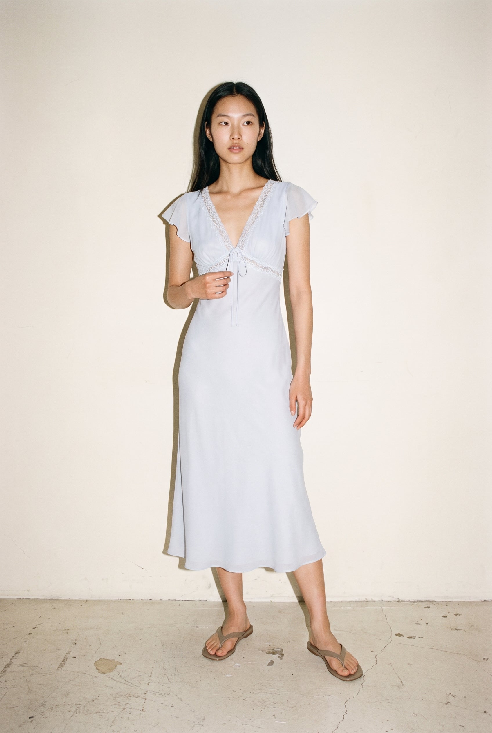 Satin Lace Trim Bias Cut Midi Dress Sky
