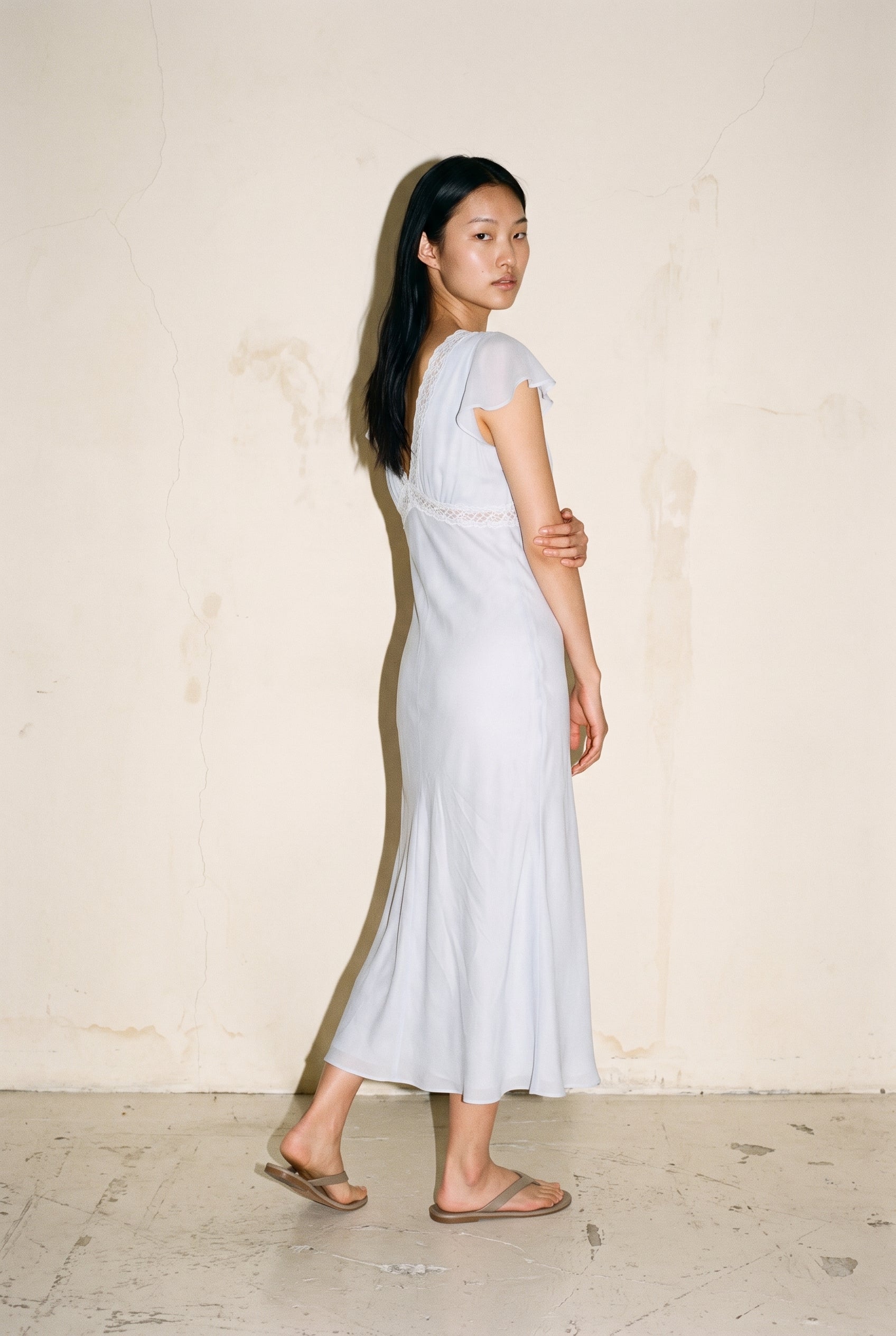 Satin Lace Trim Bias Cut Midi Dress Sky
