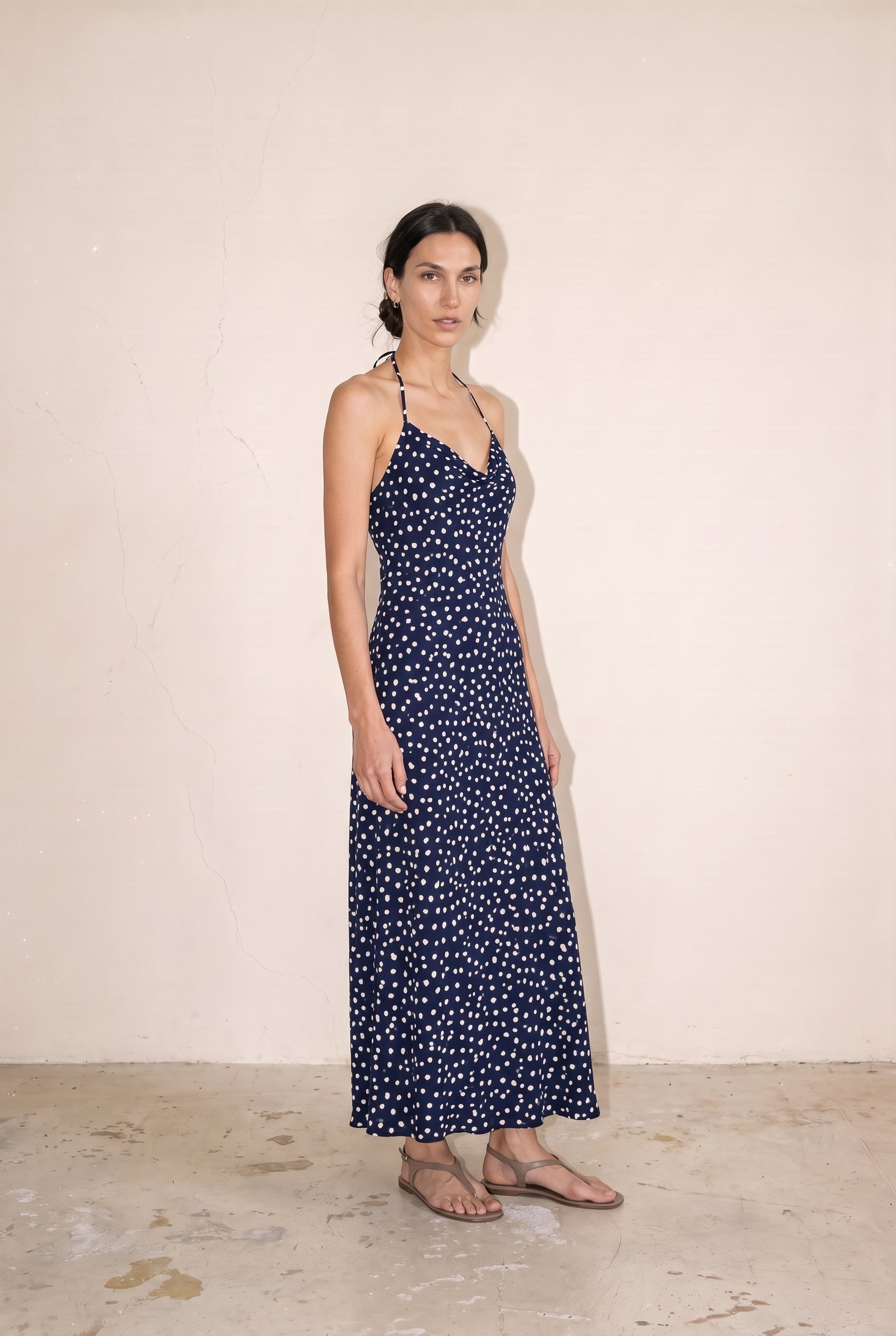 Polka Dot Maxi Dress With Halter Neck And Open Back Detail Navy/Ivory
