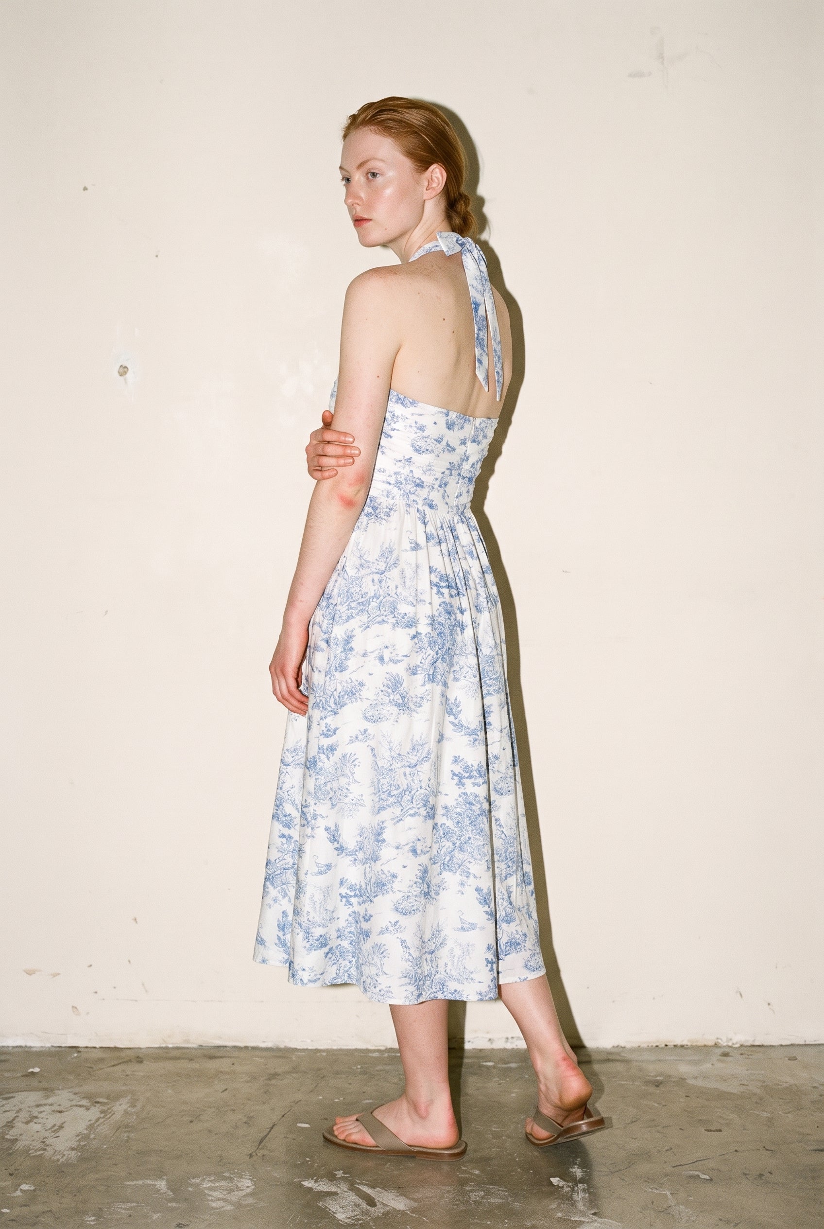 Halter Tie Back Chest Elastic Back Waisted Midi Dress White/Navy