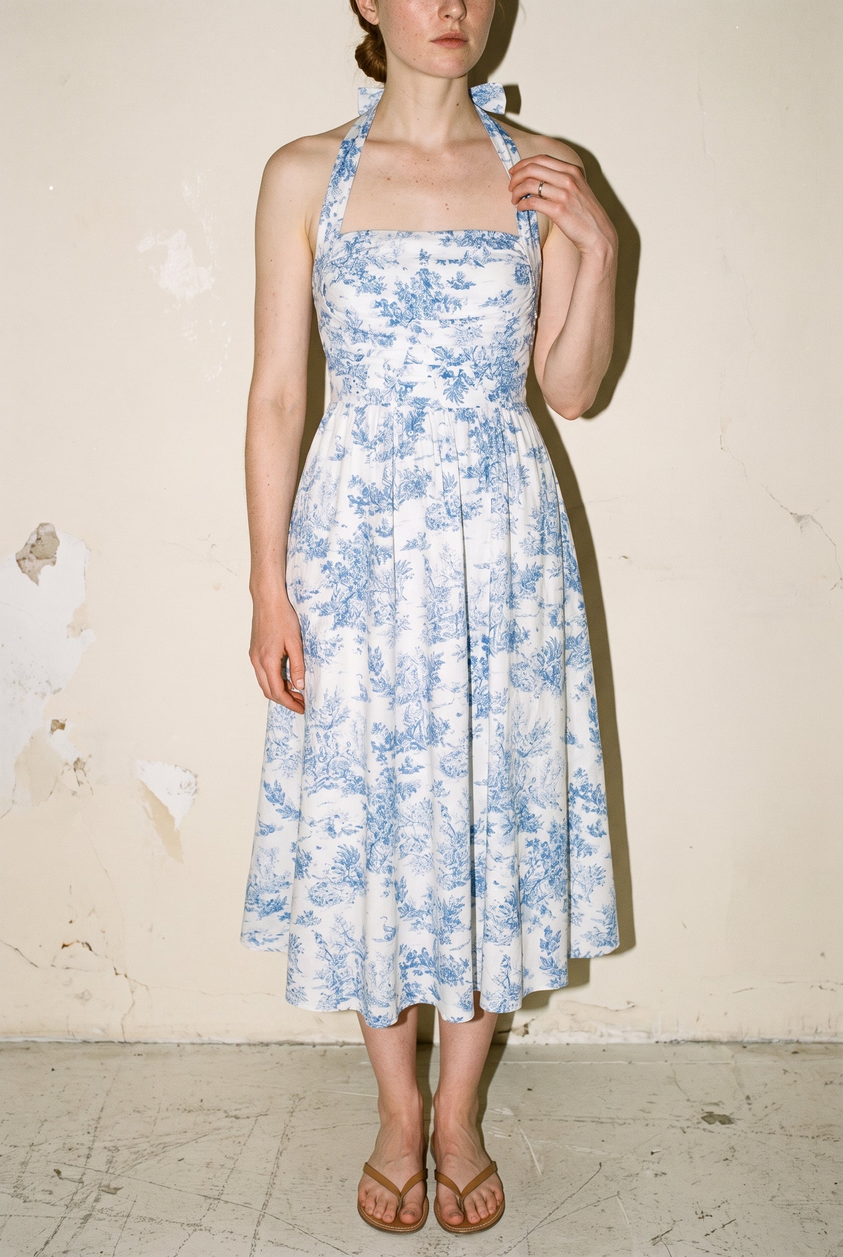 Halter Tie Back Chest Elastic Back Waisted Midi Dress White/Navy