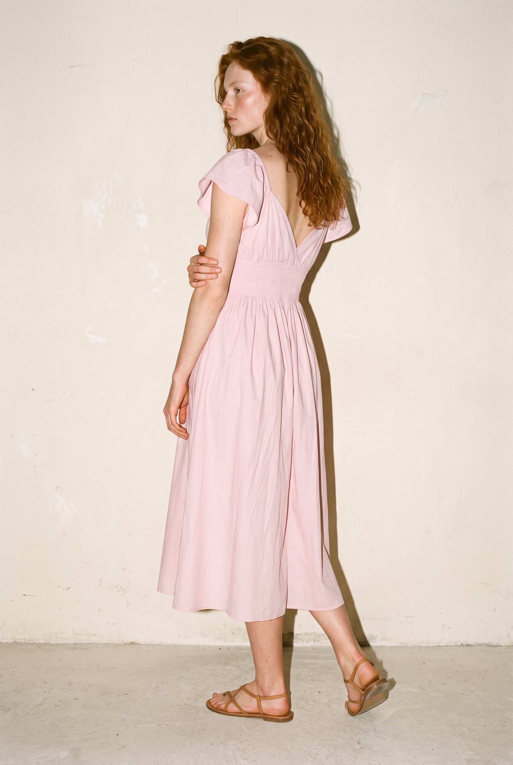 Poplin Frill Sleeves Midi Dress Light Mauve