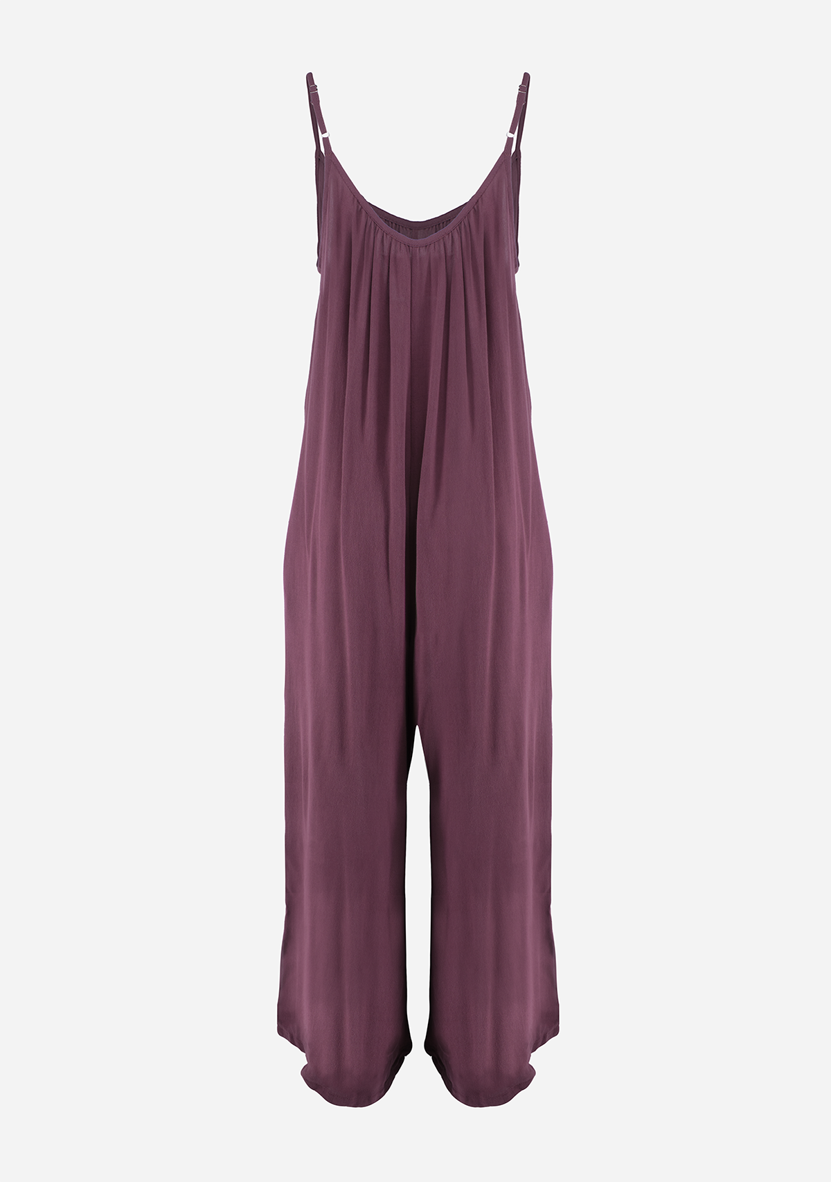 Crepon Wide Leg Jumpsuit With Adj Spaghetti Straps Plum