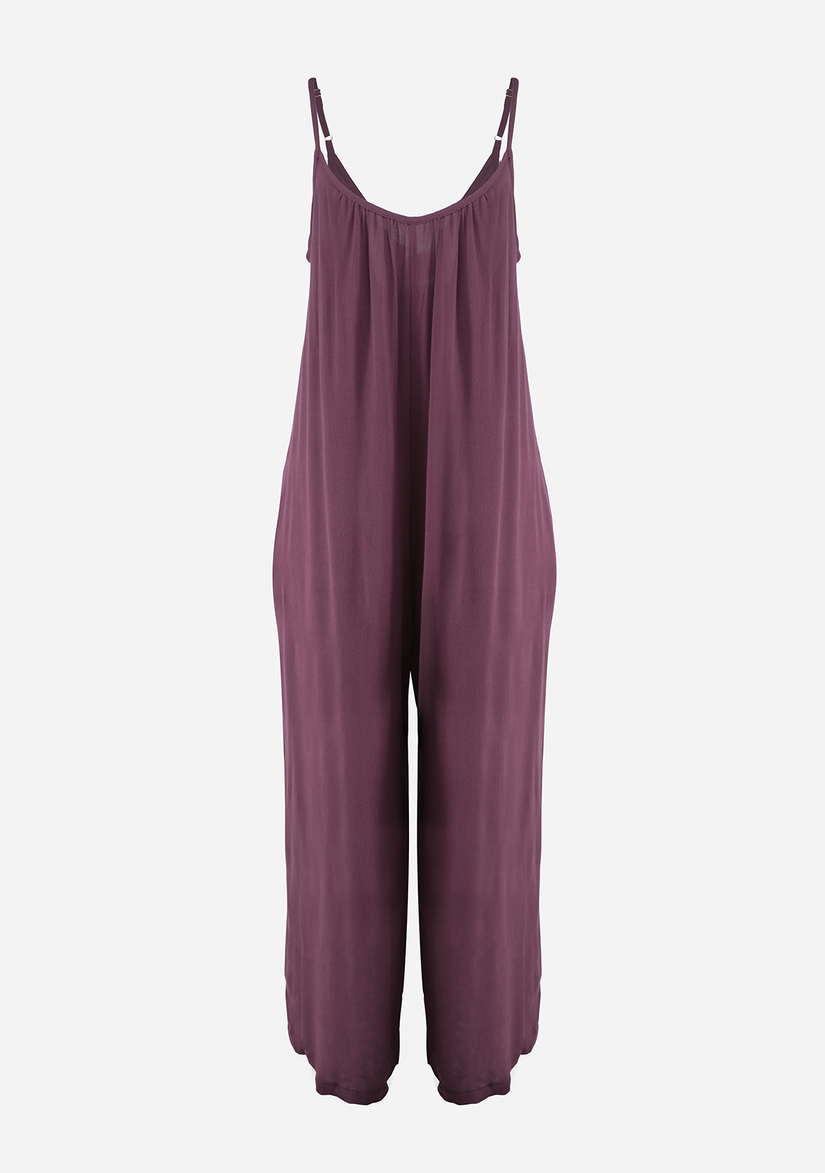 Crepon Wide Leg Jumpsuit With Adj Spaghetti Straps Plum