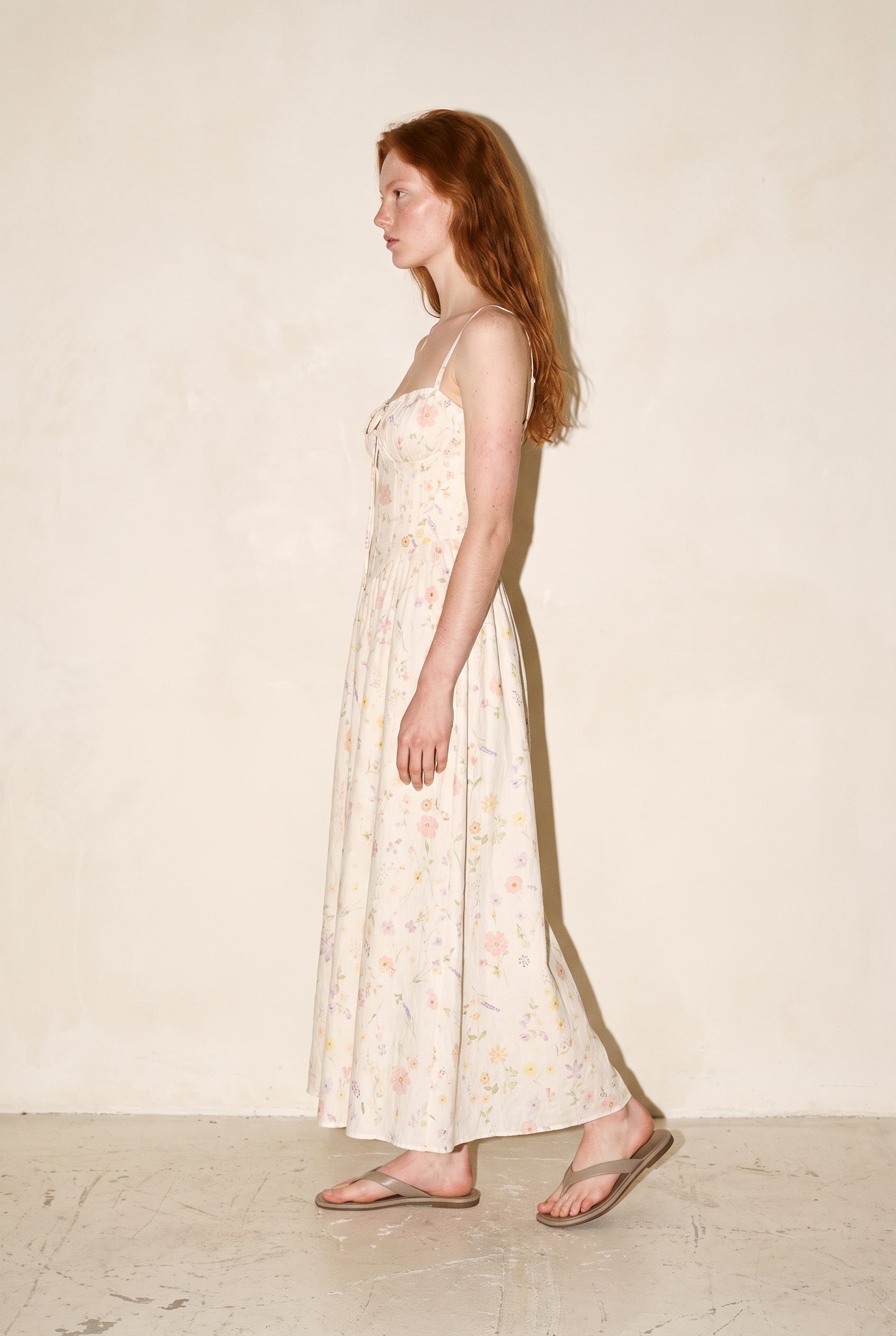 Magnolia Cotton Corset Boning Maxi Dress Cream Floral