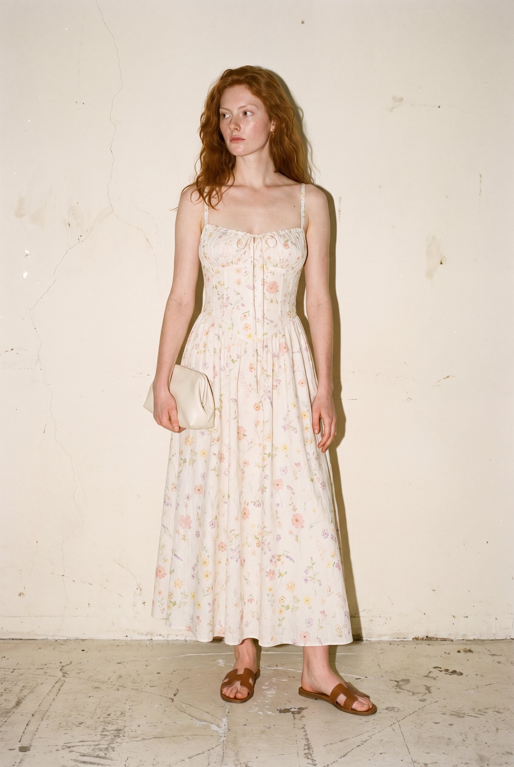 Magnolia Cotton Corset Boning Maxi Dress Cream Floral