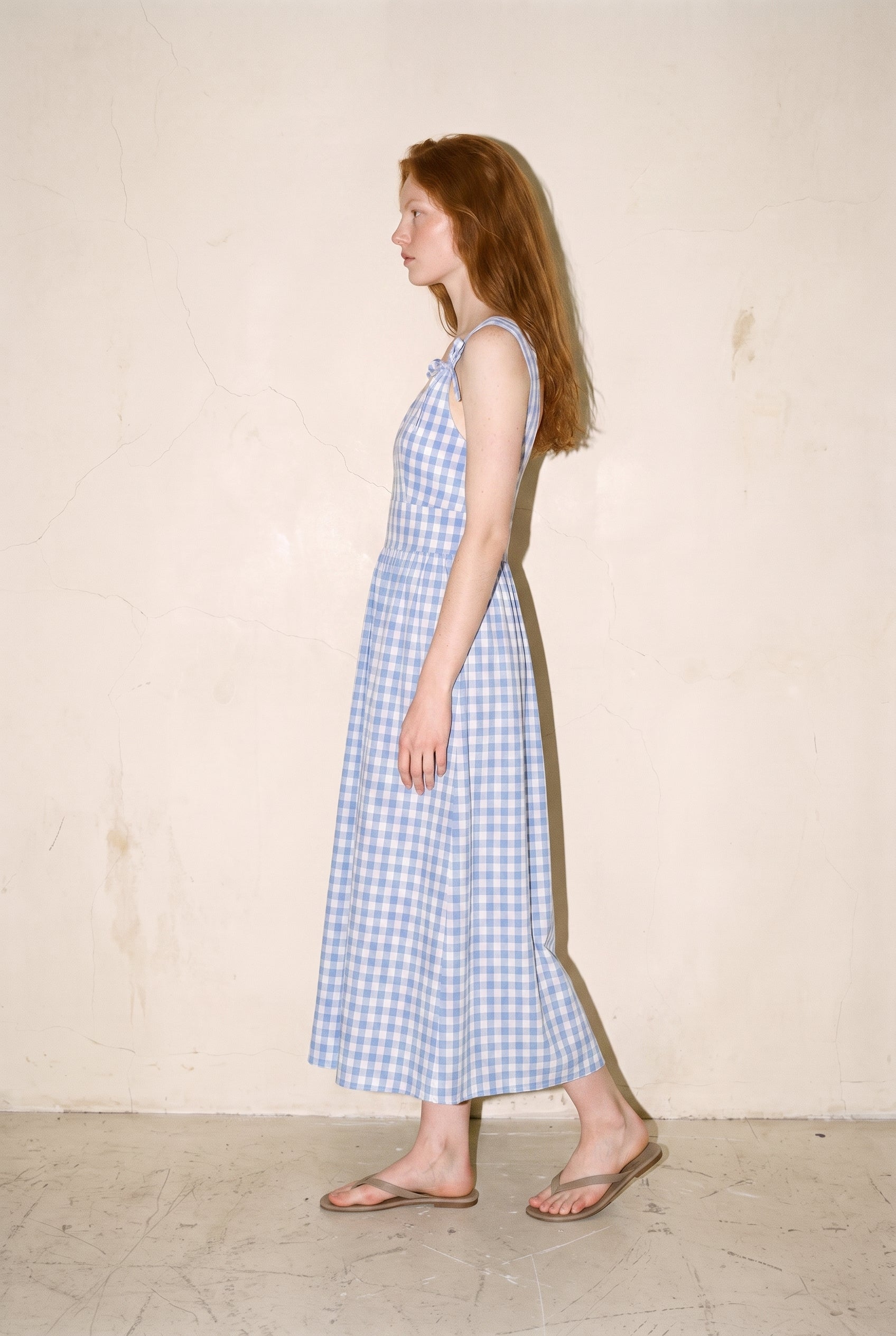 Textured Gingham Midi Dress With Front Ribbon Detail On Shoulder Blue