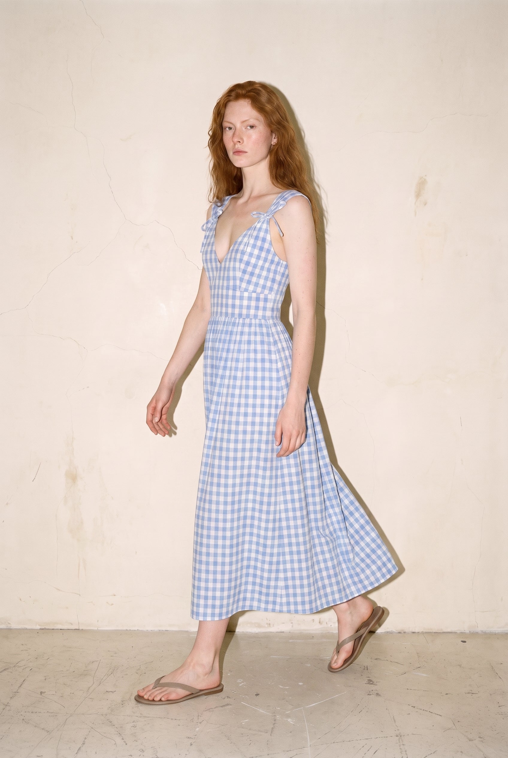 Textured Gingham Midi Dress With Front Ribbon Detail On Shoulder Blue