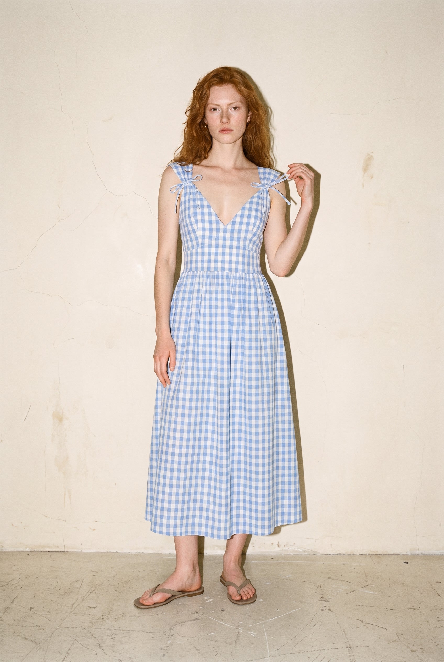 Textured Gingham Midi Dress With Front Ribbon Detail On Shoulder Blue