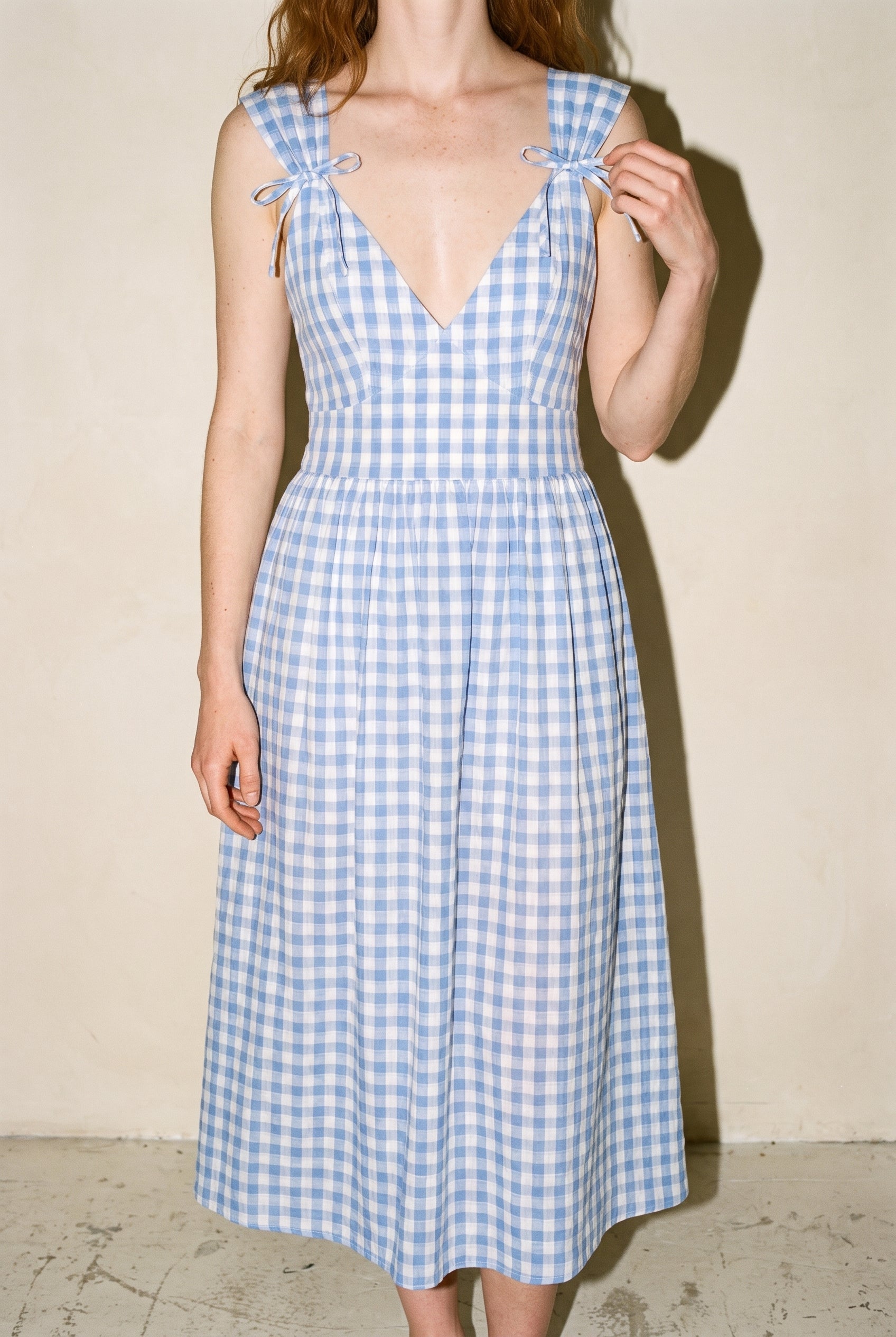 Textured Gingham Midi Dress With Front Ribbon Detail On Shoulder Blue