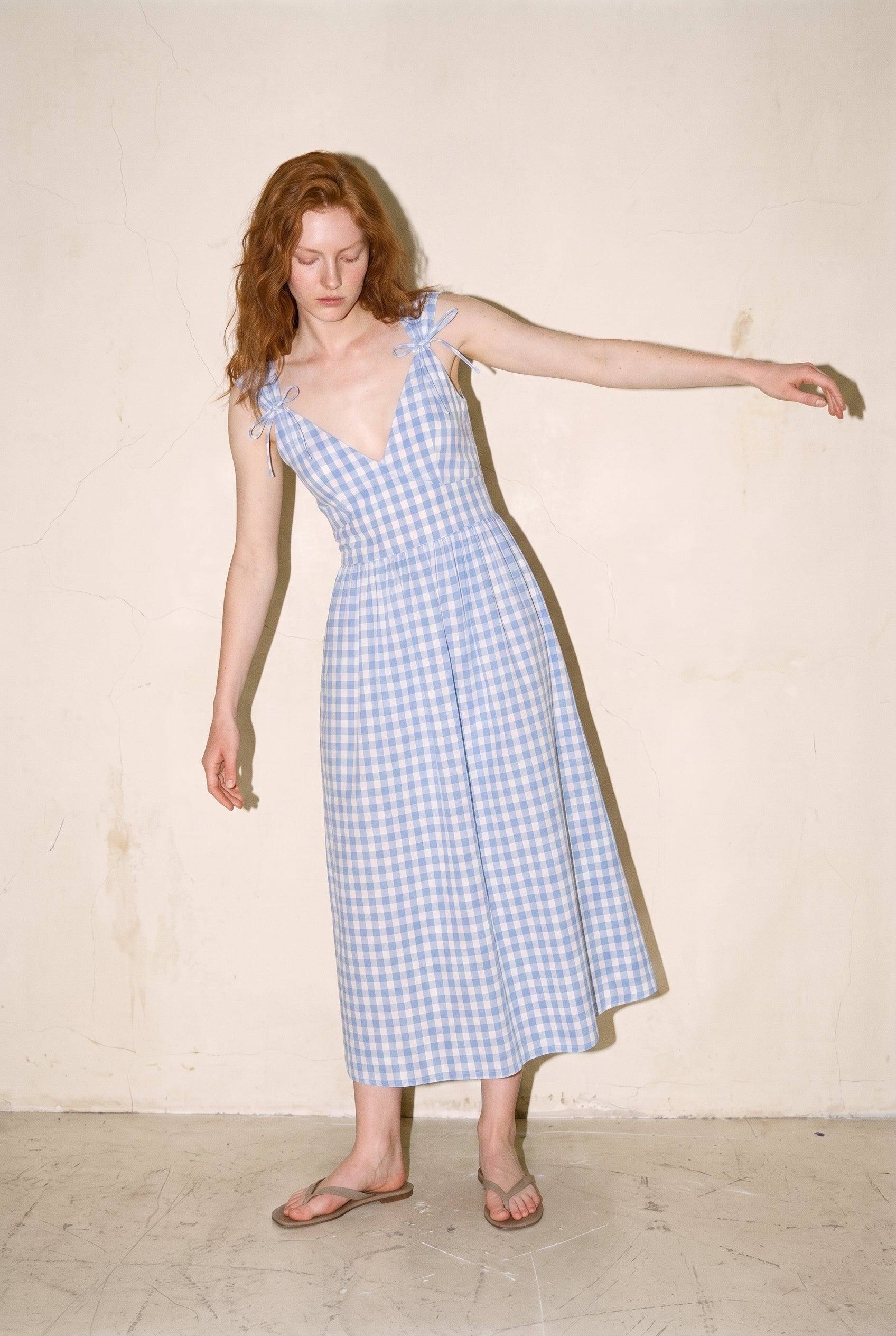 Textured Gingham Midi Dress With Front Ribbon Detail On Shoulder Blue