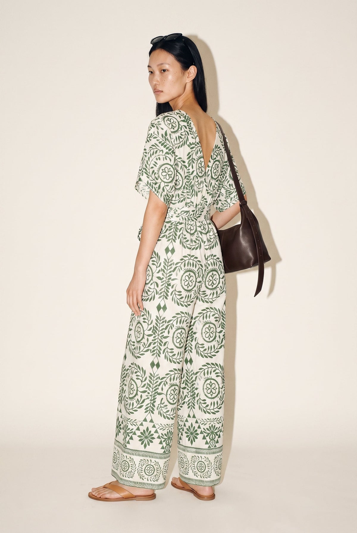 Kimono Sleeve Elastic Back Waisted Border Printed Jumpsuit Ivory/Green Aakaa