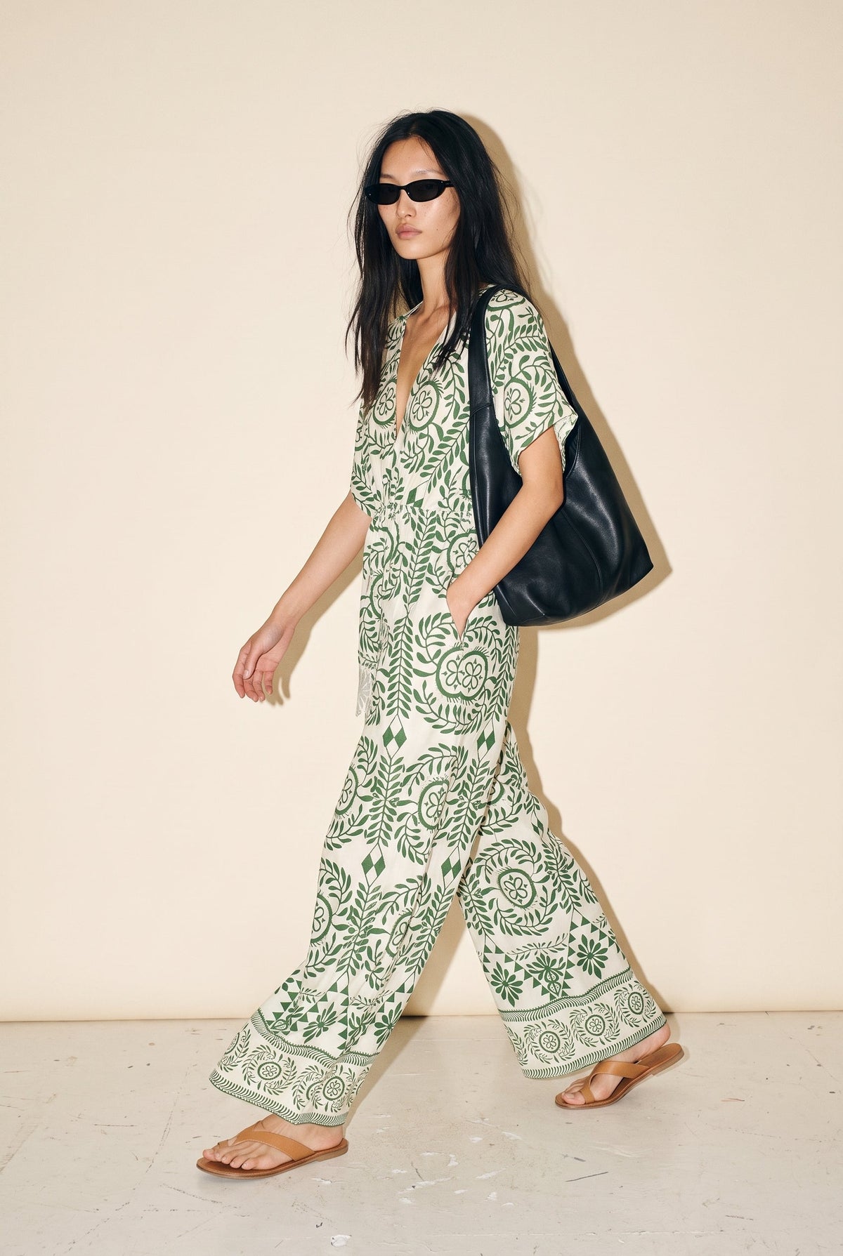 Kimono Sleeve Elastic Back Waisted Border Printed Jumpsuit Ivory/Green Aakaa