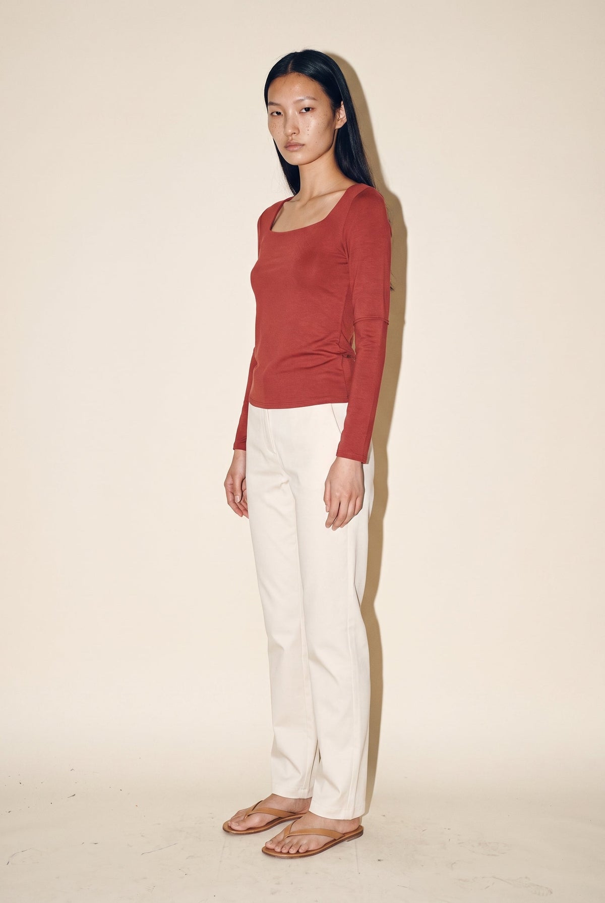 Double Layered Square Neck L/S Top Red Brown Wasabi + Mint