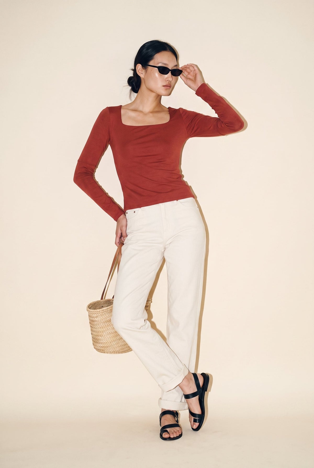 Double Layered Square Neck L/S Top Red Brown Wasabi + Mint
