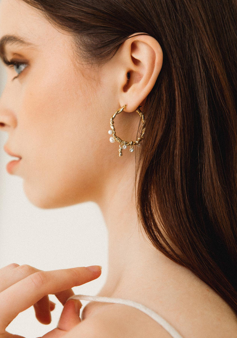ANA pearl & crystal hoops gold plated