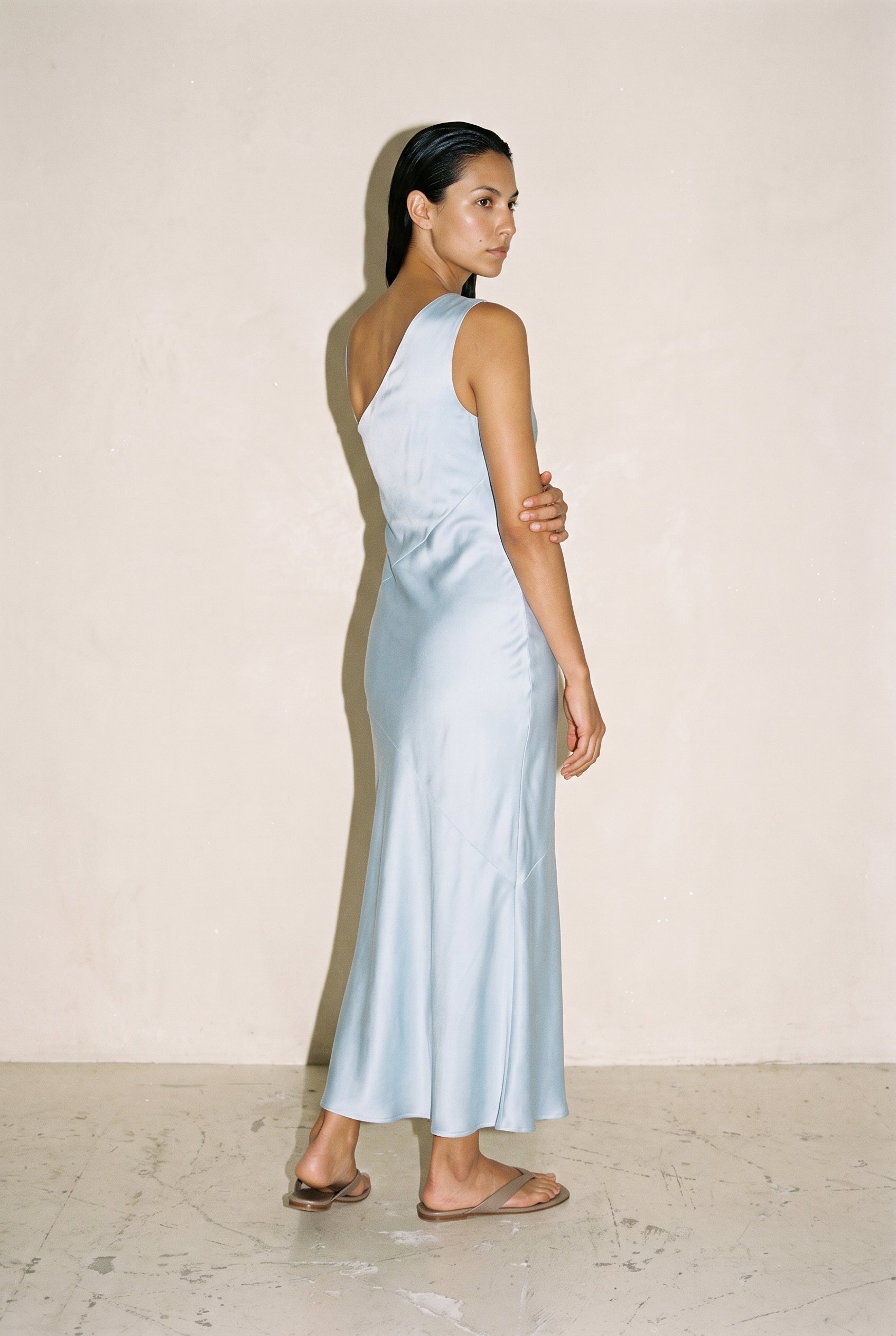 One-shoulder Draped Back Satin Dress Sky