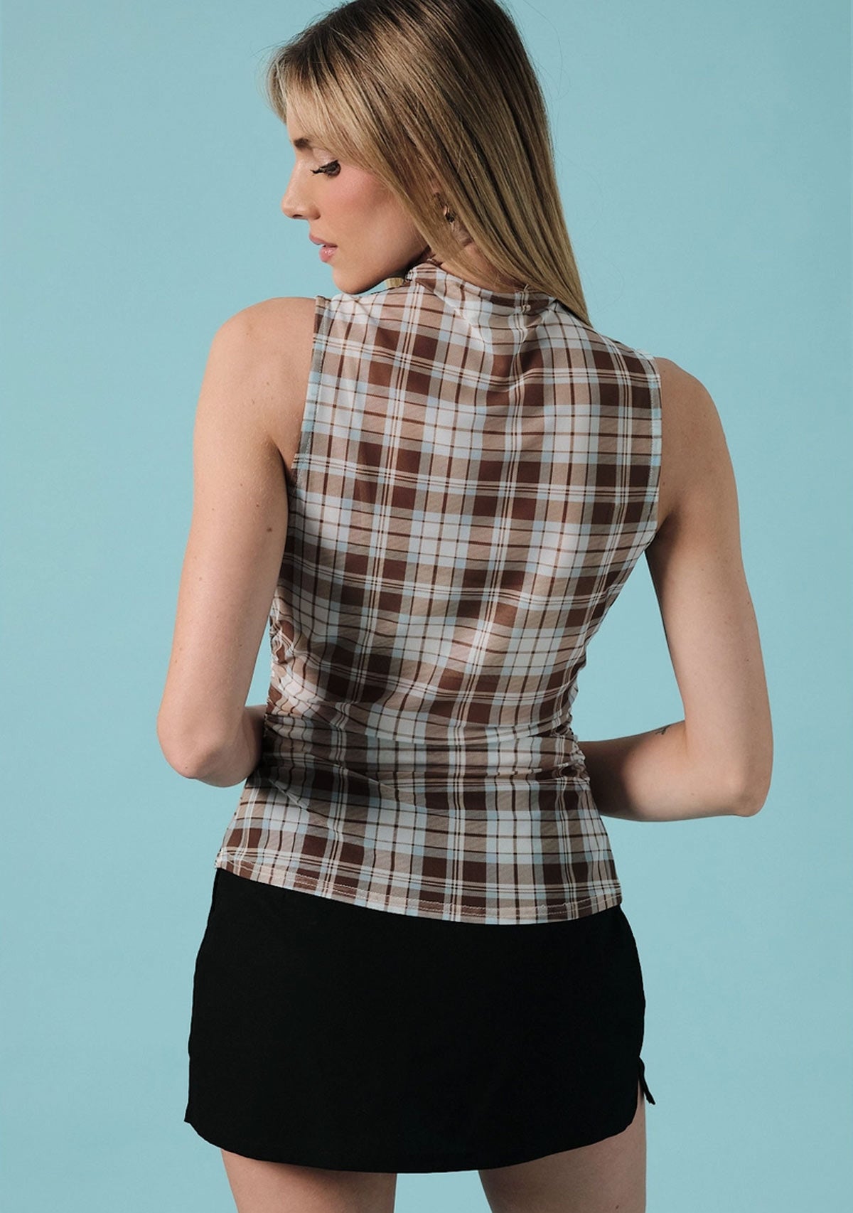 Mock Neck Sleeveless Power Mesh Plaid Top Coco Ivory Stripe