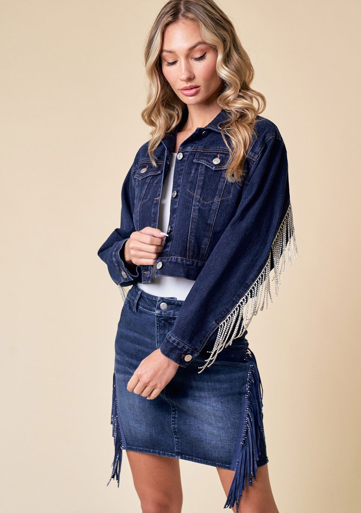 Denim Jacket With Rhinestone Fringe Dark Wash