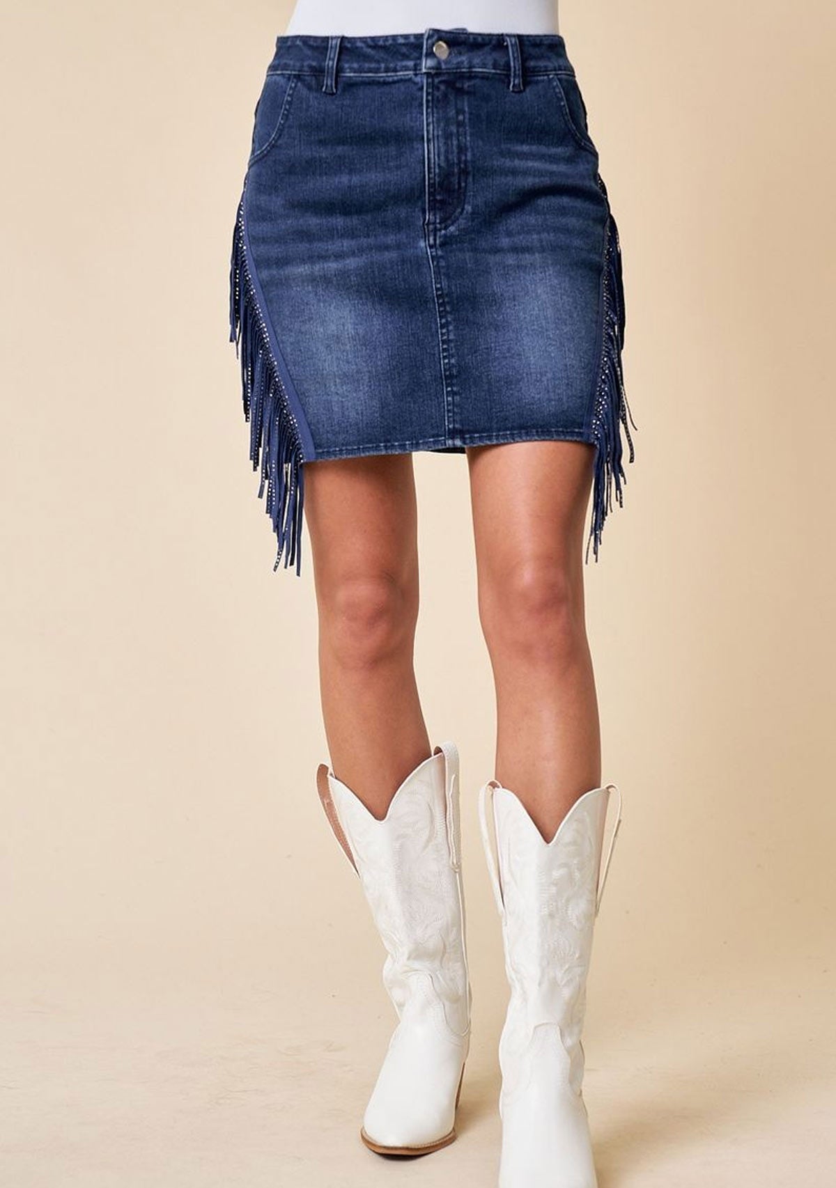 Fringed Denim Mini Skirt Dark Denim