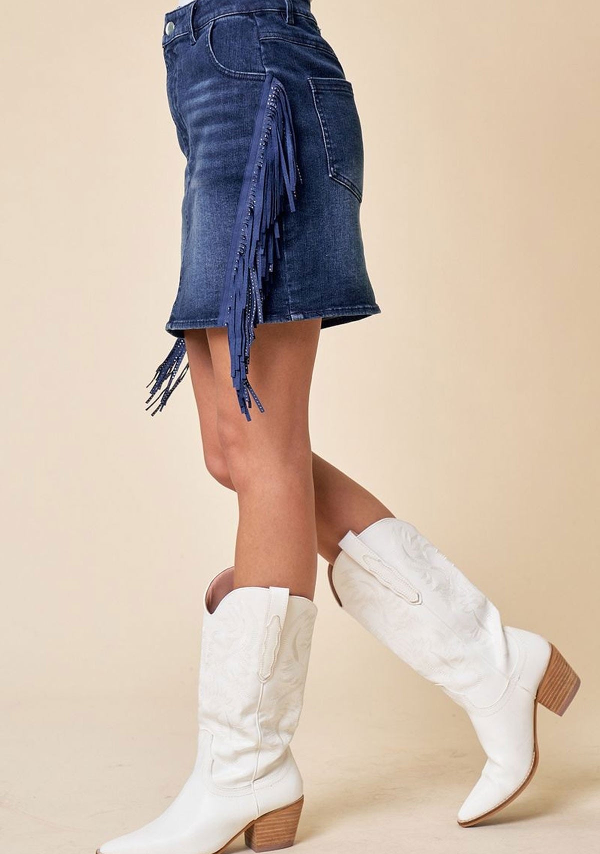 Fringed Denim Mini Skirt Dark Denim