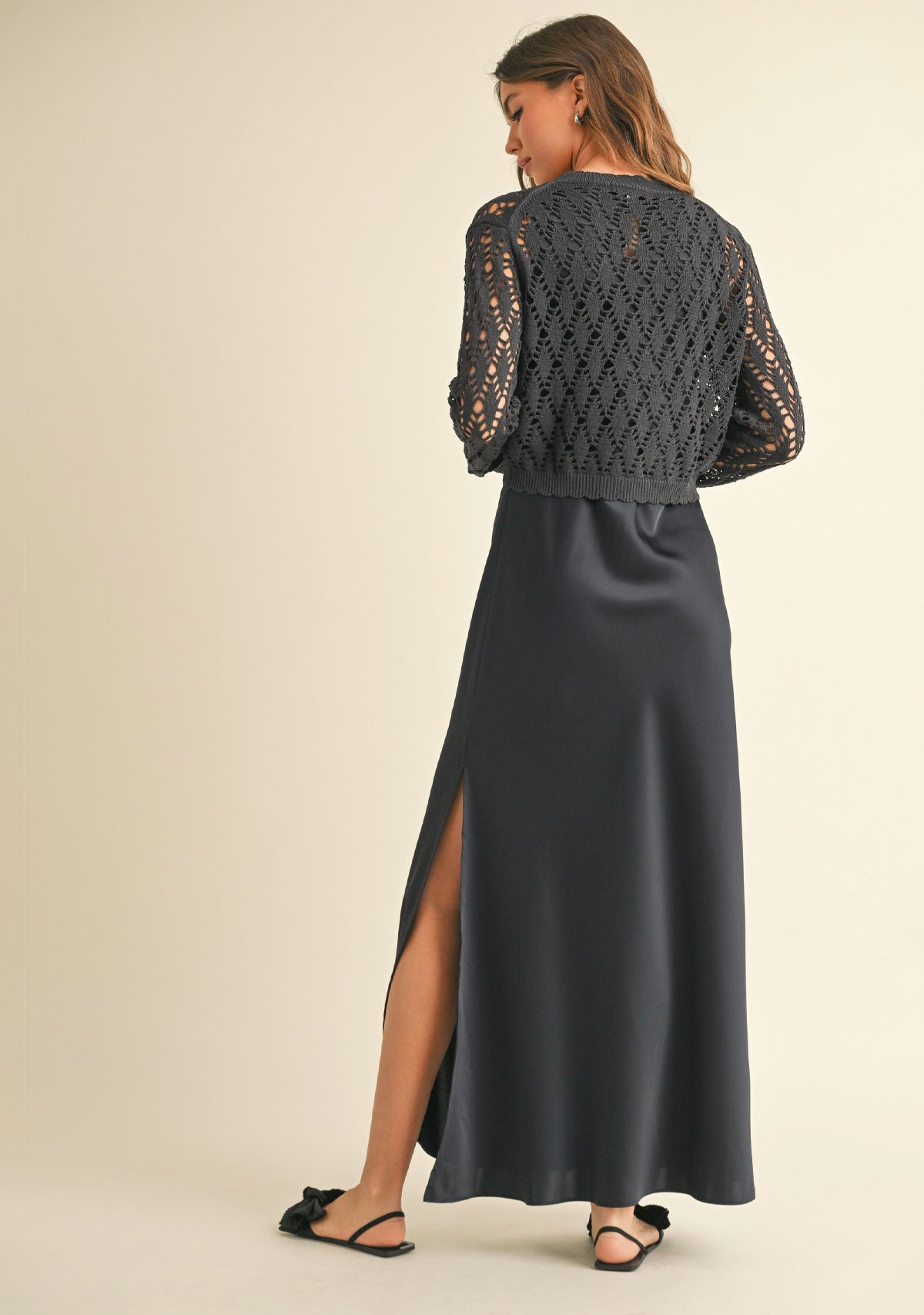 Satin Slip Dress With Crochet Knitted Top Navy