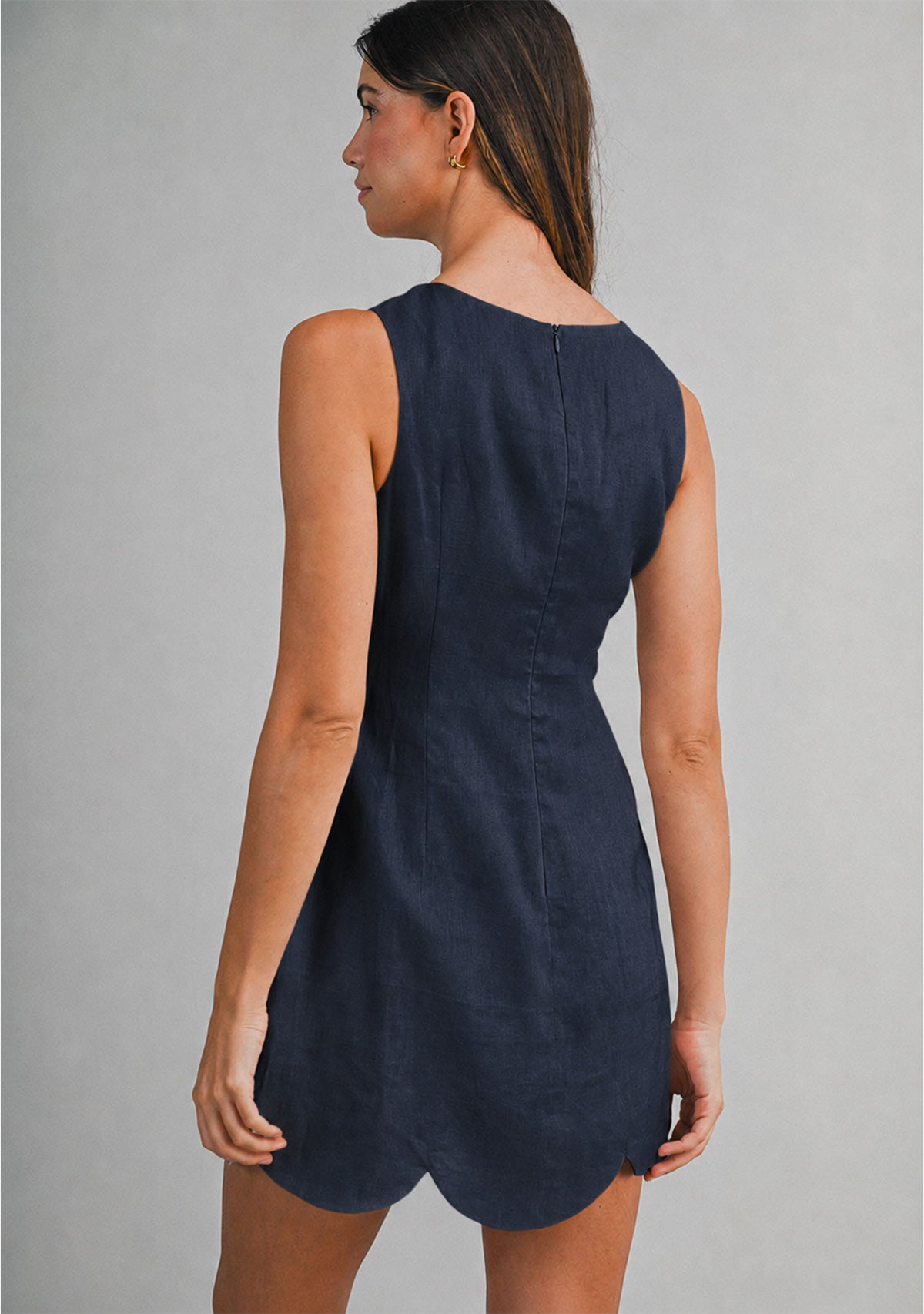 Linen Scallop Hem Mini Dress Navy Mable