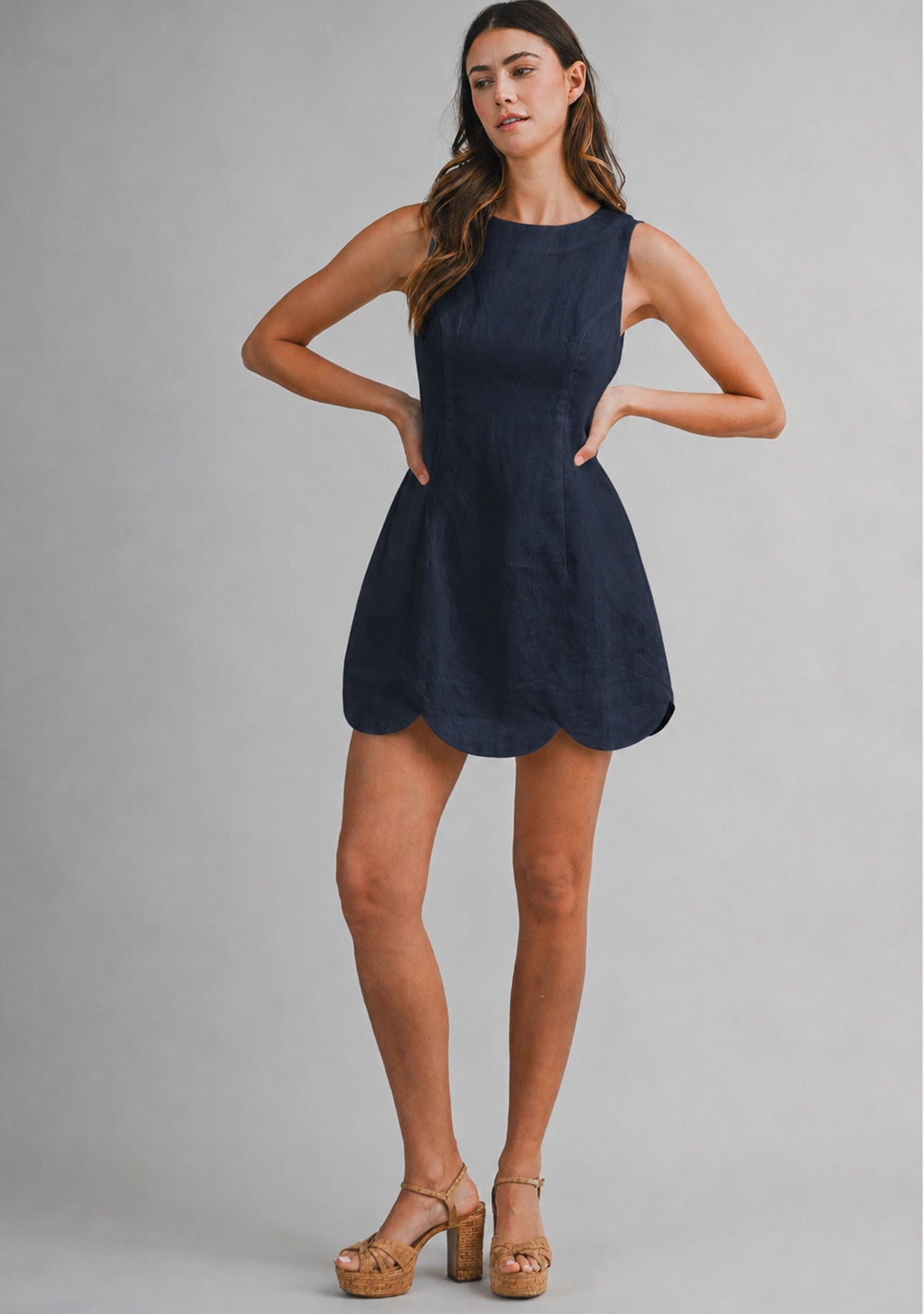 Linen Scallop Hem Mini Dress Navy Mable