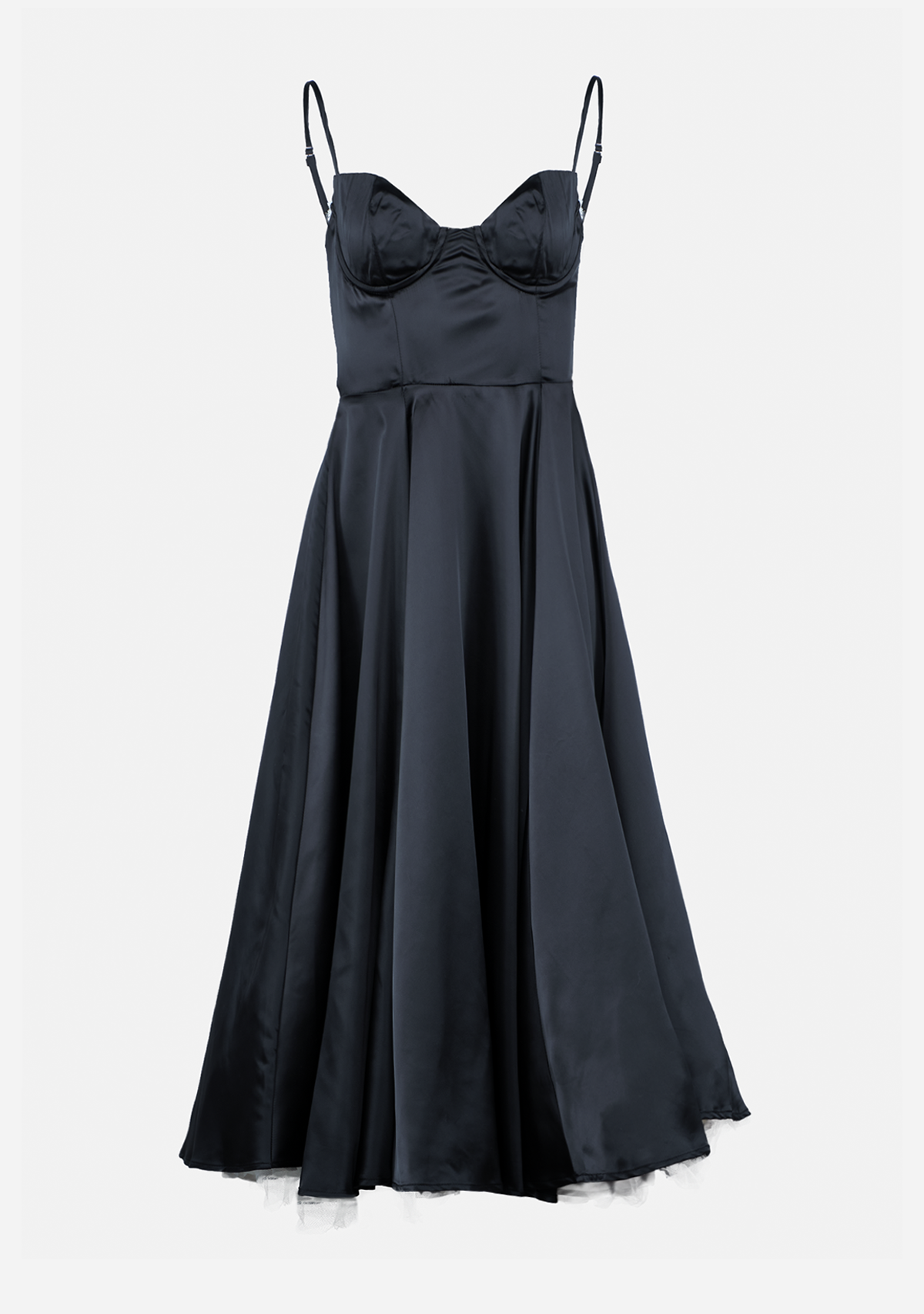 Midi Satin Slip Dress with Tulle Hem