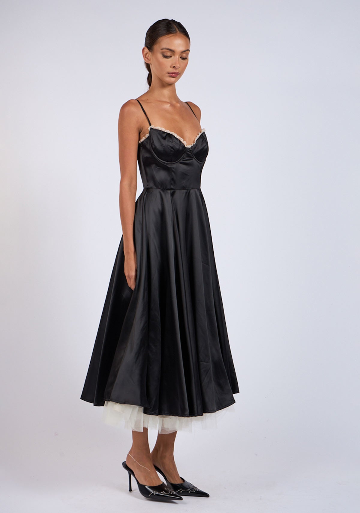 Midi Satin Slip Dress with Tulle Hem