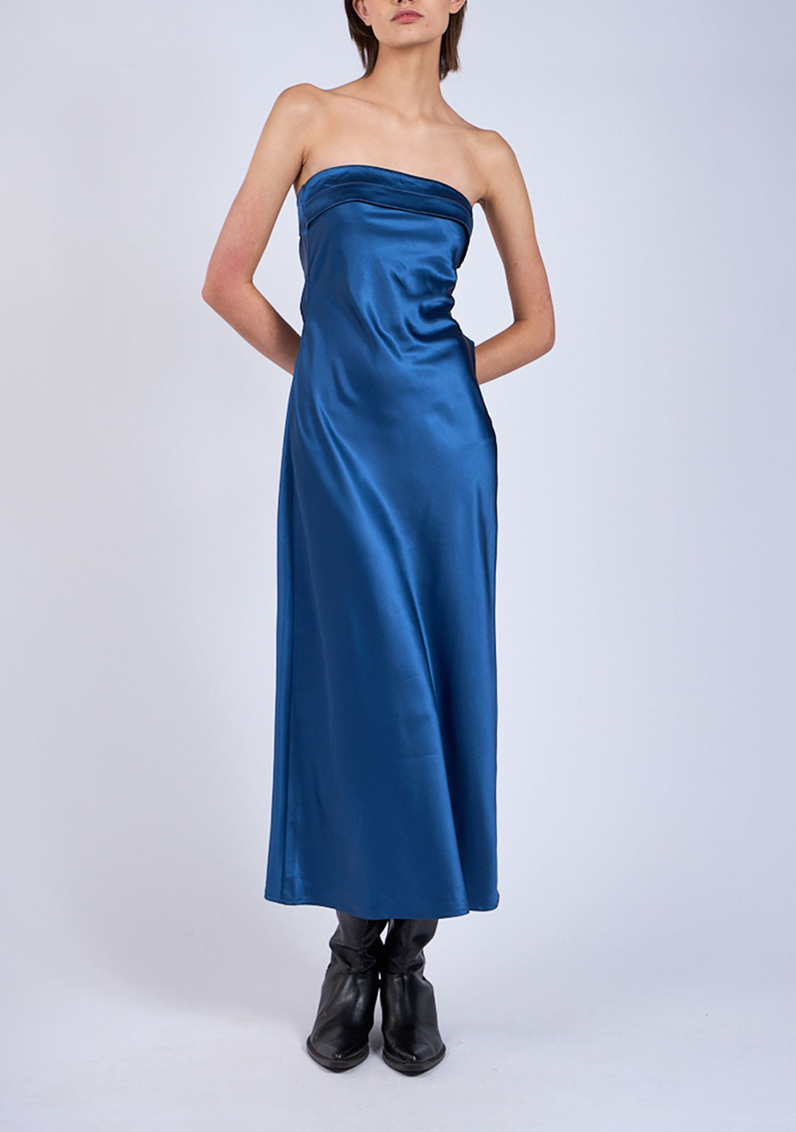 Satin Strapless Open Back With Lining Midi Dress