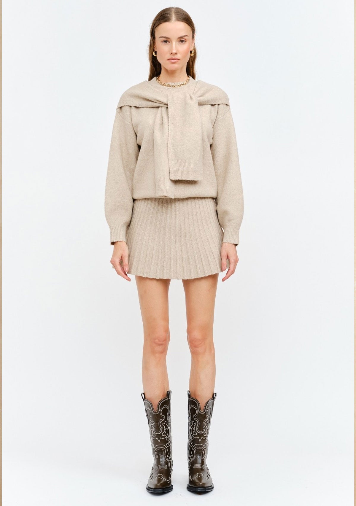 Maude Natural Knit Skirt - Pleated Knit Mini Skirt Natural