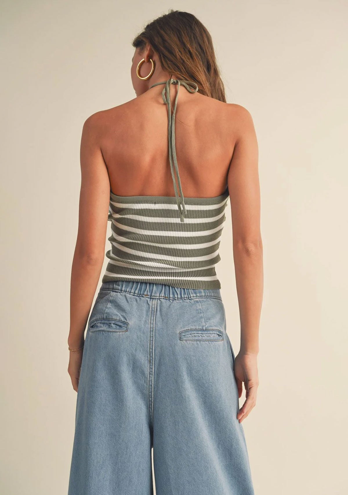 Striped Knot Front Halter Neck Knitted Top