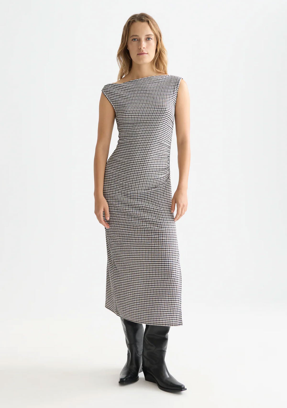 Structured Gingham Drapey Midi Dress Meteorite