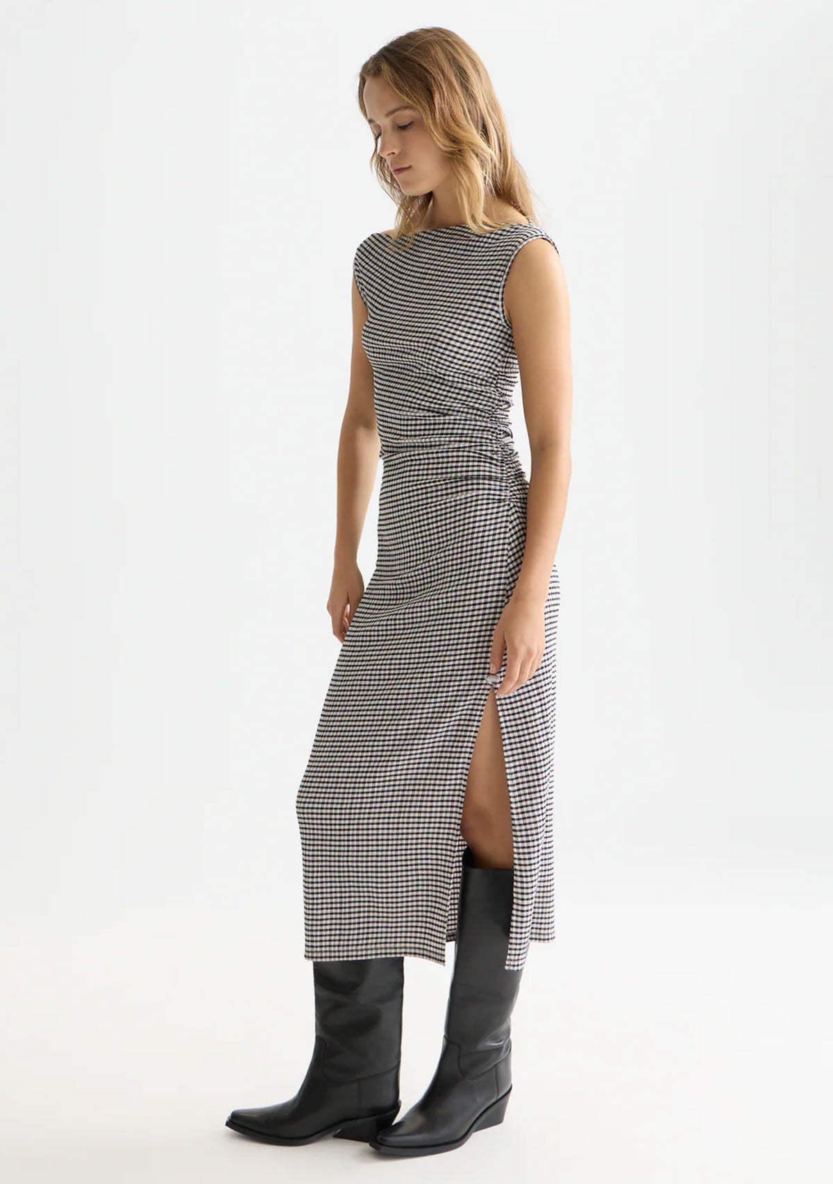 Structured Gingham Drapey Midi Dress Meteorite
